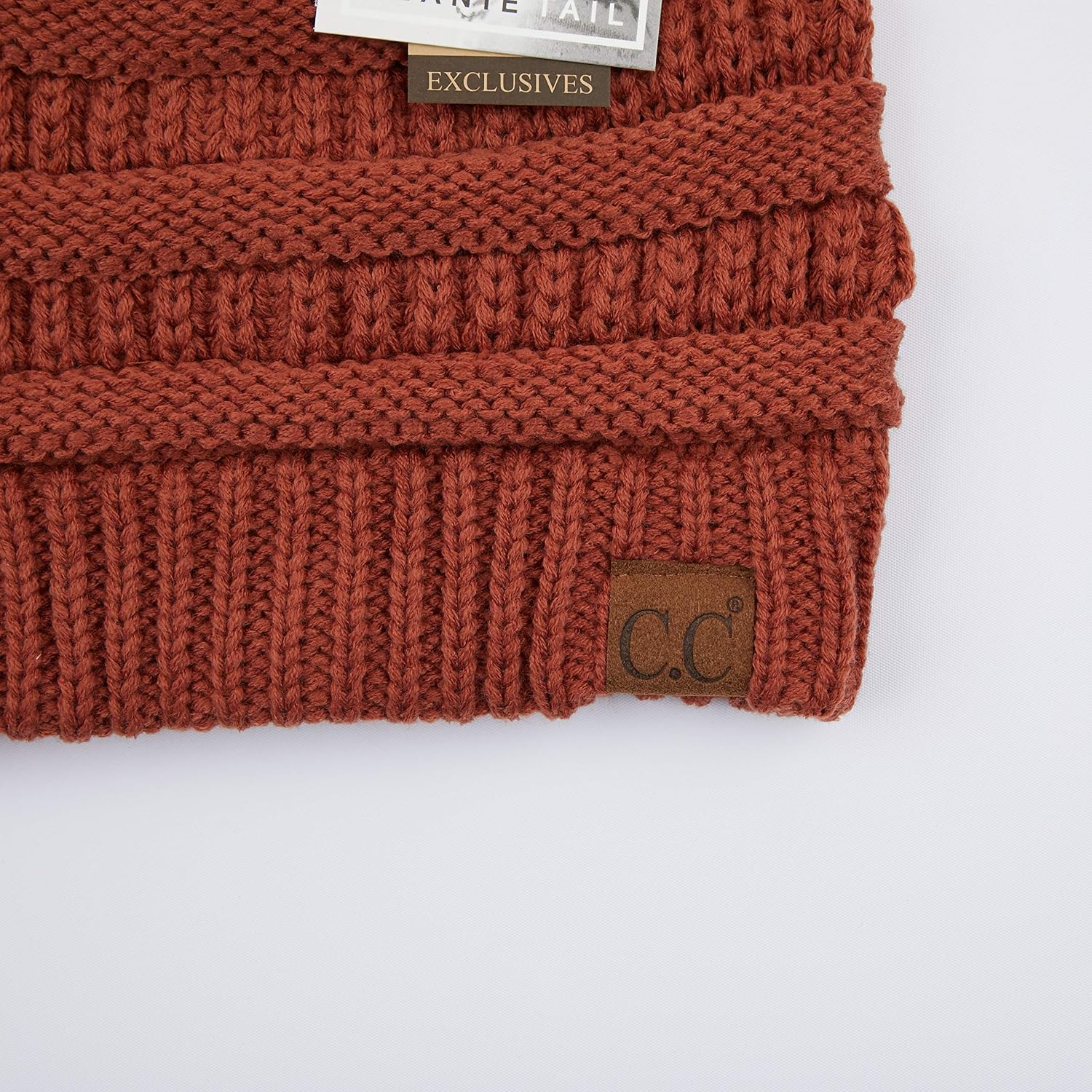 C.C Exclusives Soft Stretch Cable Knit Messy Bun Ponytail Beanie Winter Hat for Women (MB-20A)