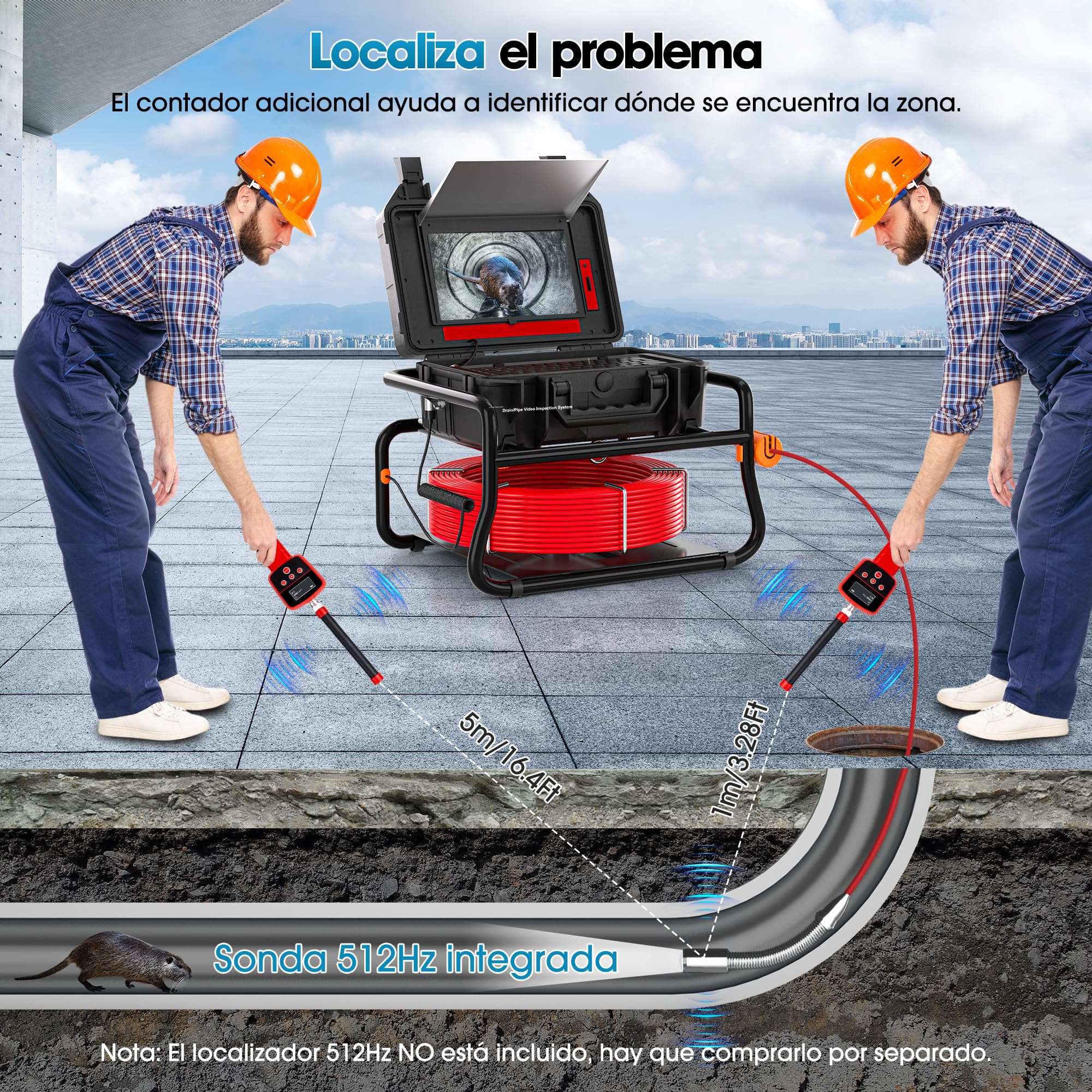 Camara Inspeccion Tuberias con Localizador de 512 Hz, Pantalla Táctil de 10.1 Pulgadas 1080P, Camara Tuberias con Autonivelación y Transmisor, Cámara de Inspección con Grabador de Audio