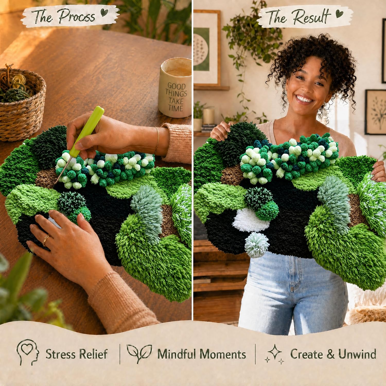 beausougon DIY 3D Moss Rug Latch Hook Kit, Forest Greenery Carpet Making with Color Printed Canvas, Multi-Texture Yarn & Tools, Handmade Tufting Embroidery Art for Beginners & Adults