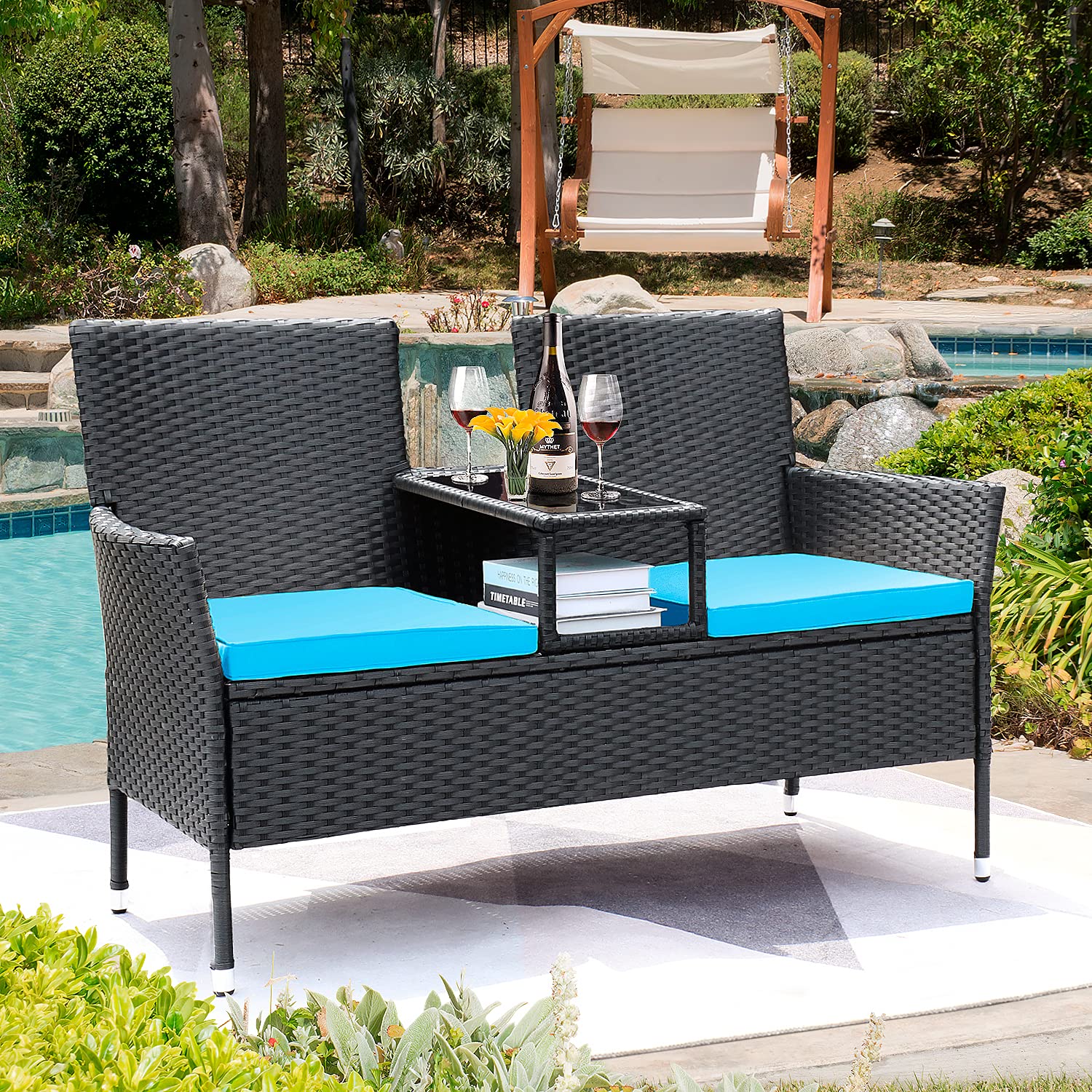 Devoko Outdoor Patio Loveseat Modern Rattan Patio Conversation Furniture Set with Cushions & Built-in Coffee Table Porch Furniture for Garden Lawn Backyard (Blue)
