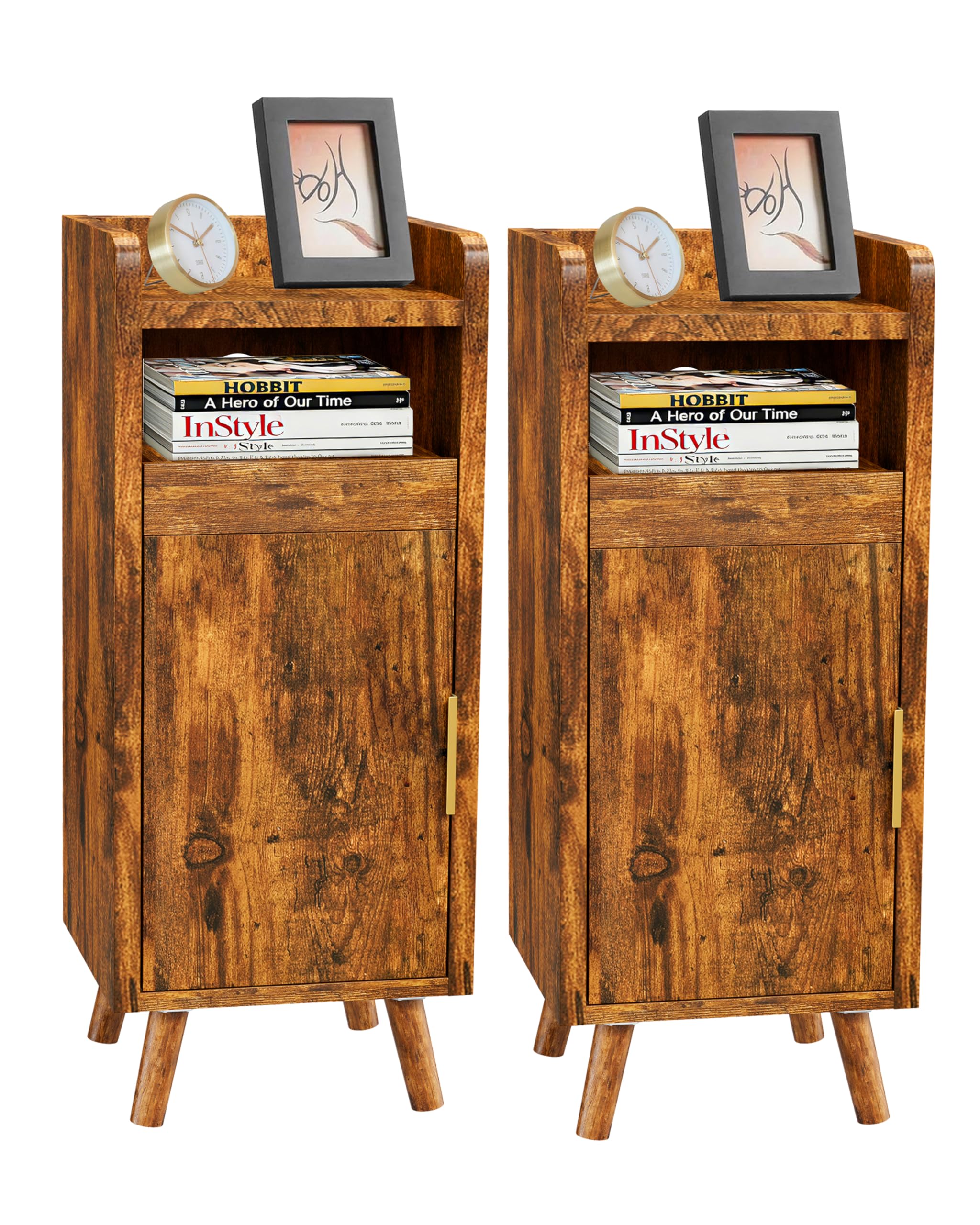 Durecoform 25cm Slim Bedside Table, Narrow Bedside Cabinet with Tray and 1 Door, Nightstand with Smooth Metal Runners, Easy to Assemble, Small Sturdy Modern Cabinet for Bedrooms, Living Rooms(BrownA)