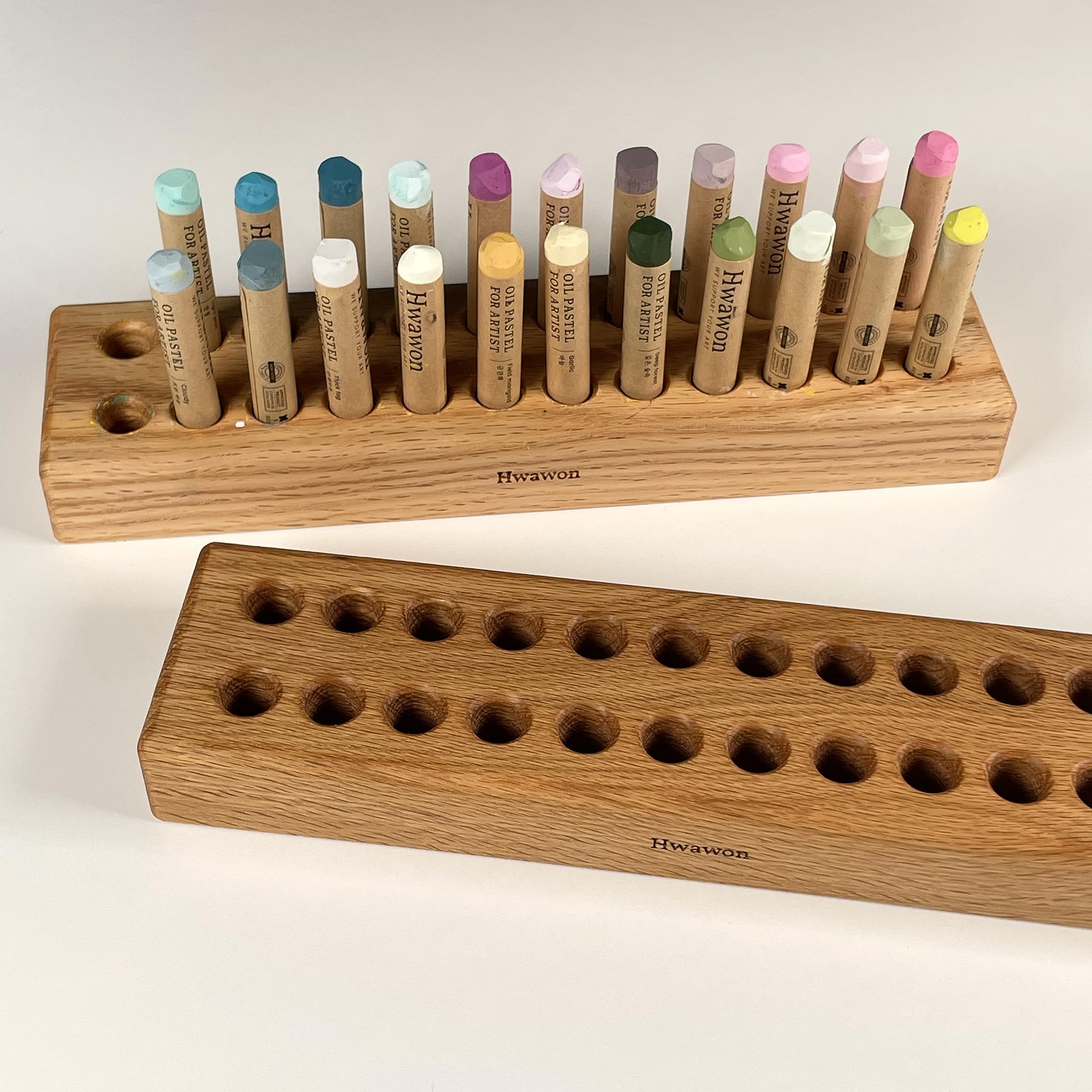HWAWON Oil Pastel Wooden Holder - 24 Hole Organizer Made From Red Oak, Food-Grade Linseed Oil Finish - View #13