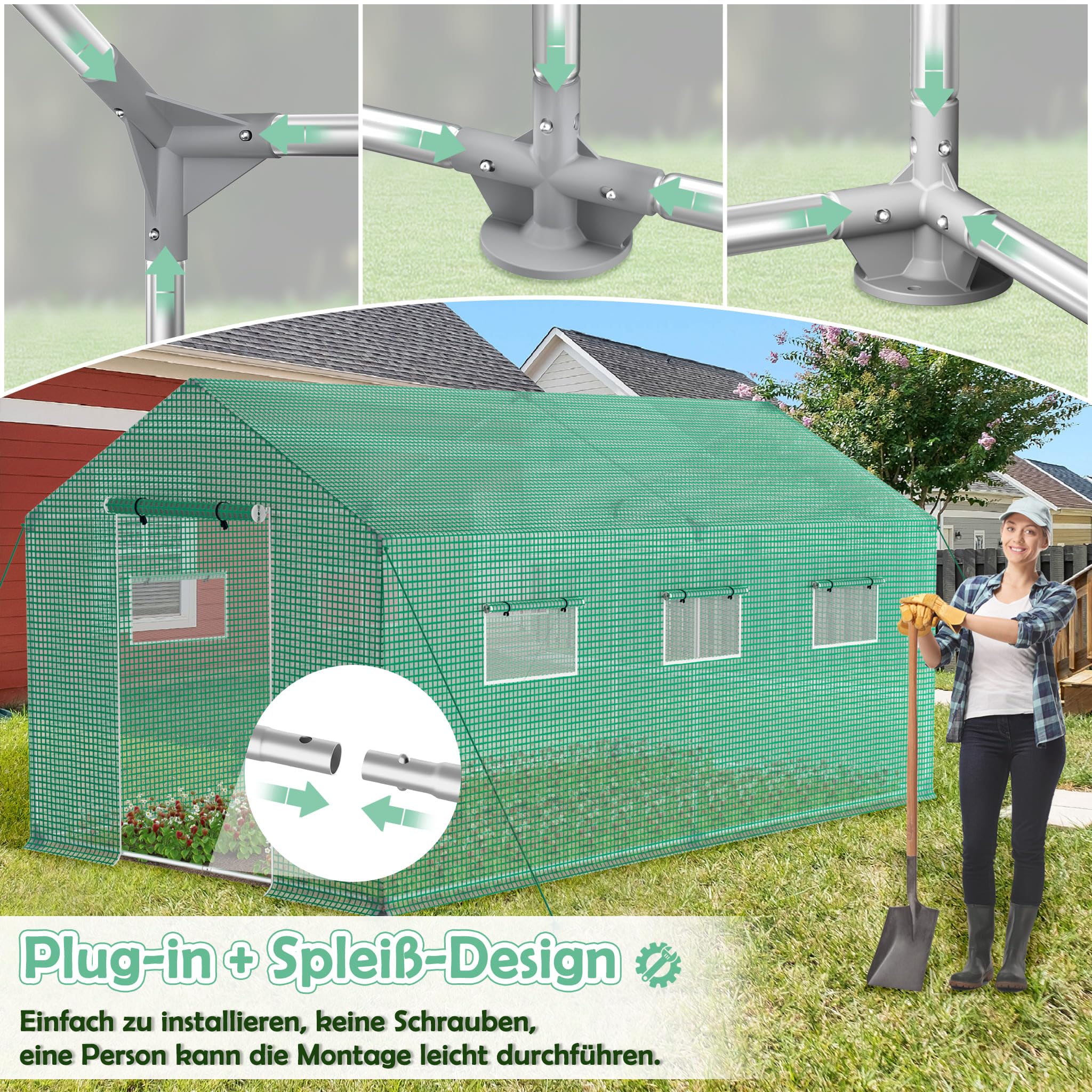 Serra Da Giardino KANWOD 3x2x2m Con Base Acciaio, 6 Finestre E Porta - Film UV4 140g/m² Per Orto - Foto 7