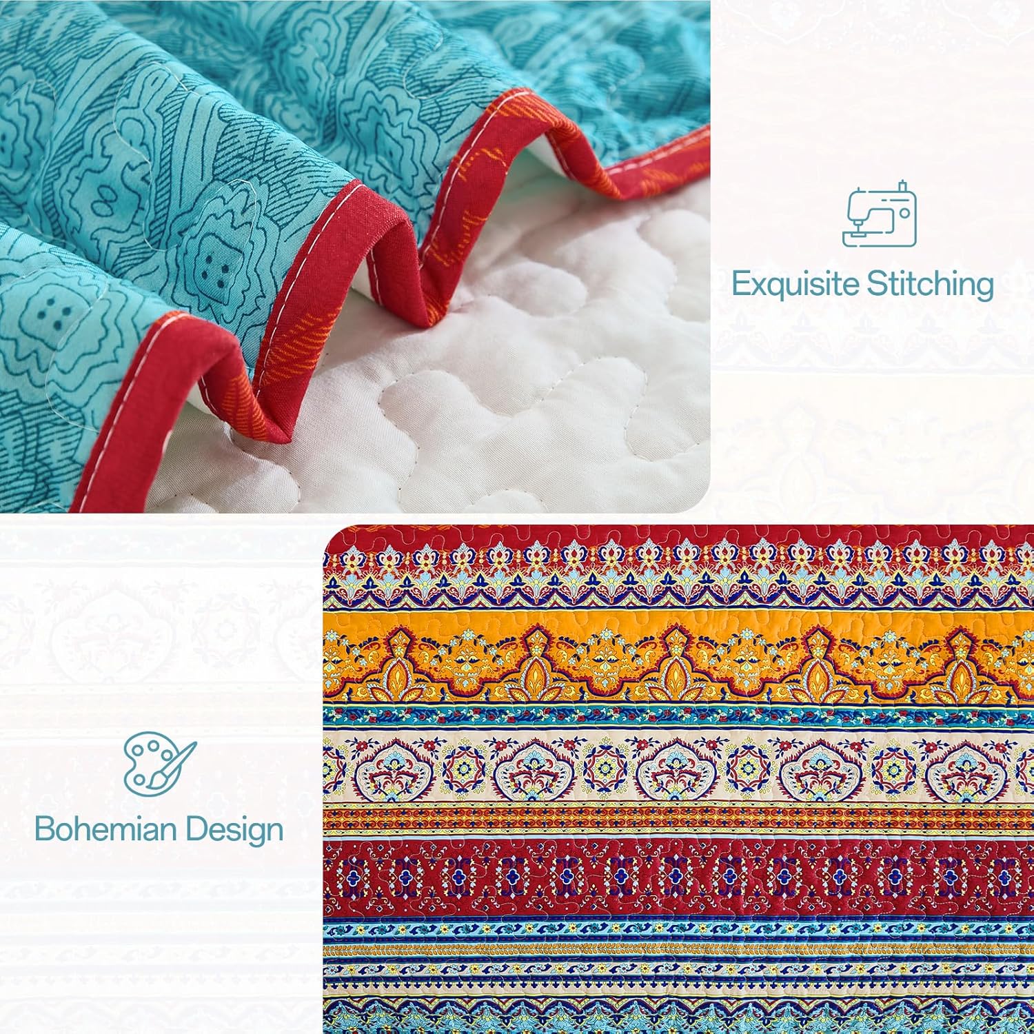 WONGS BEDDING Bohemian Quilt Set Queen Size, Boho Striped Pattern Bedspread Set for All Season, Microfiber Lightweight Coverlet Bedding Set 96"x90"(3 Pieces, Colorful) - Image 7