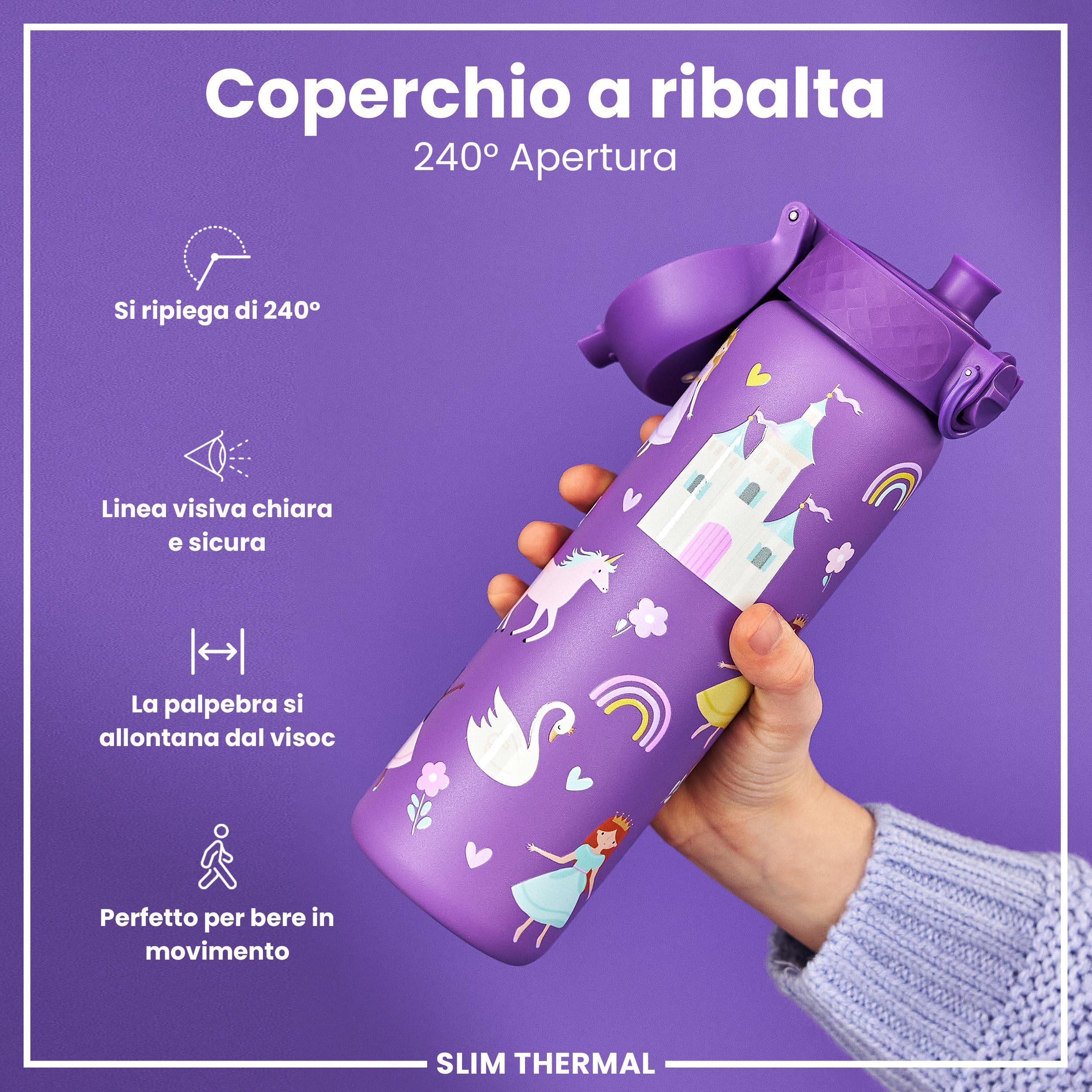 Ion8 Borraccia Termica in Acciaio Isolato, 500ml, a Prova di Perdite, Facile da Aprire, Serratura Sicura, Lavabile in Lavastoviglie, Maniglia per il Trasporto, Facile Pulizia, Durevole, Principessa