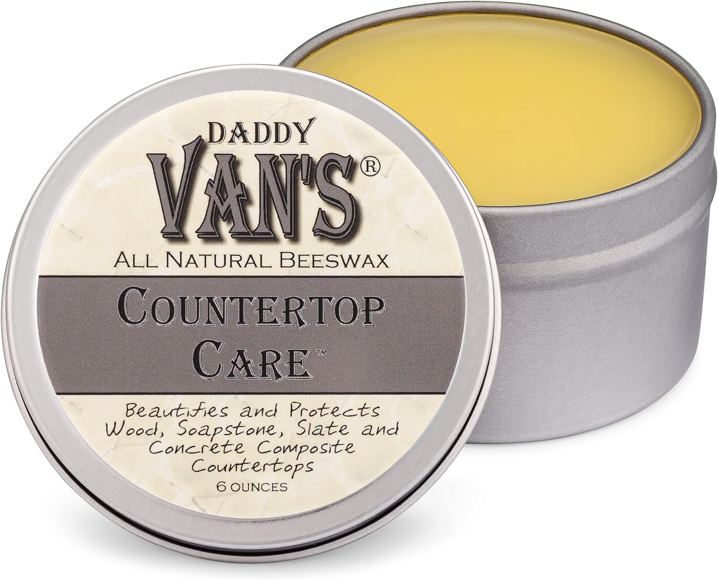 Daddy Van's® All Natural Beeswax Countertop Care for Soapstone, Slate, Concrete Composite and Butcher Block Counter Tops - Food Safe, Chemical-Free and Non-Toxic - 6 Oz. Tin