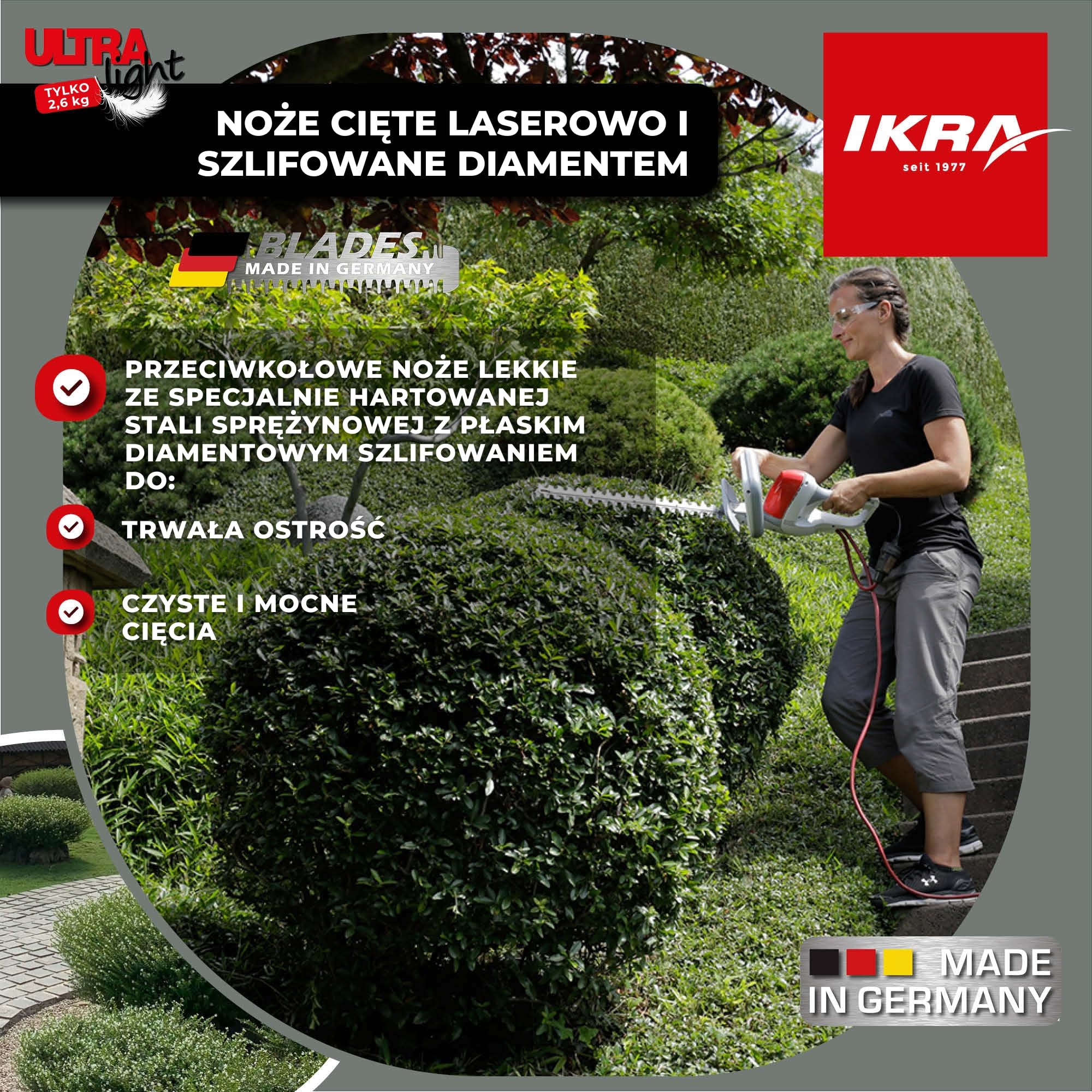 IKRA Nożyce elektryczne do żywopłotu FHS 1555, 550W,ultralekkie 2,6kg | Długość cięcia 55 cm, zabezpieczenie przed przeciążeniem i blokadą, ultralekka przekładnia, ergonomiczna konstrukcja