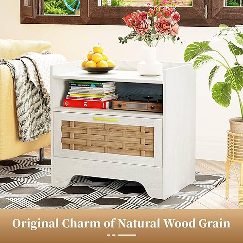 Miniatura 3 de Mesita de noche de ratán de 24 pulgadas con cajón de almacenamiento, mesita de noche blanca con cubo semiabierto, mesita de noche bohemia con base