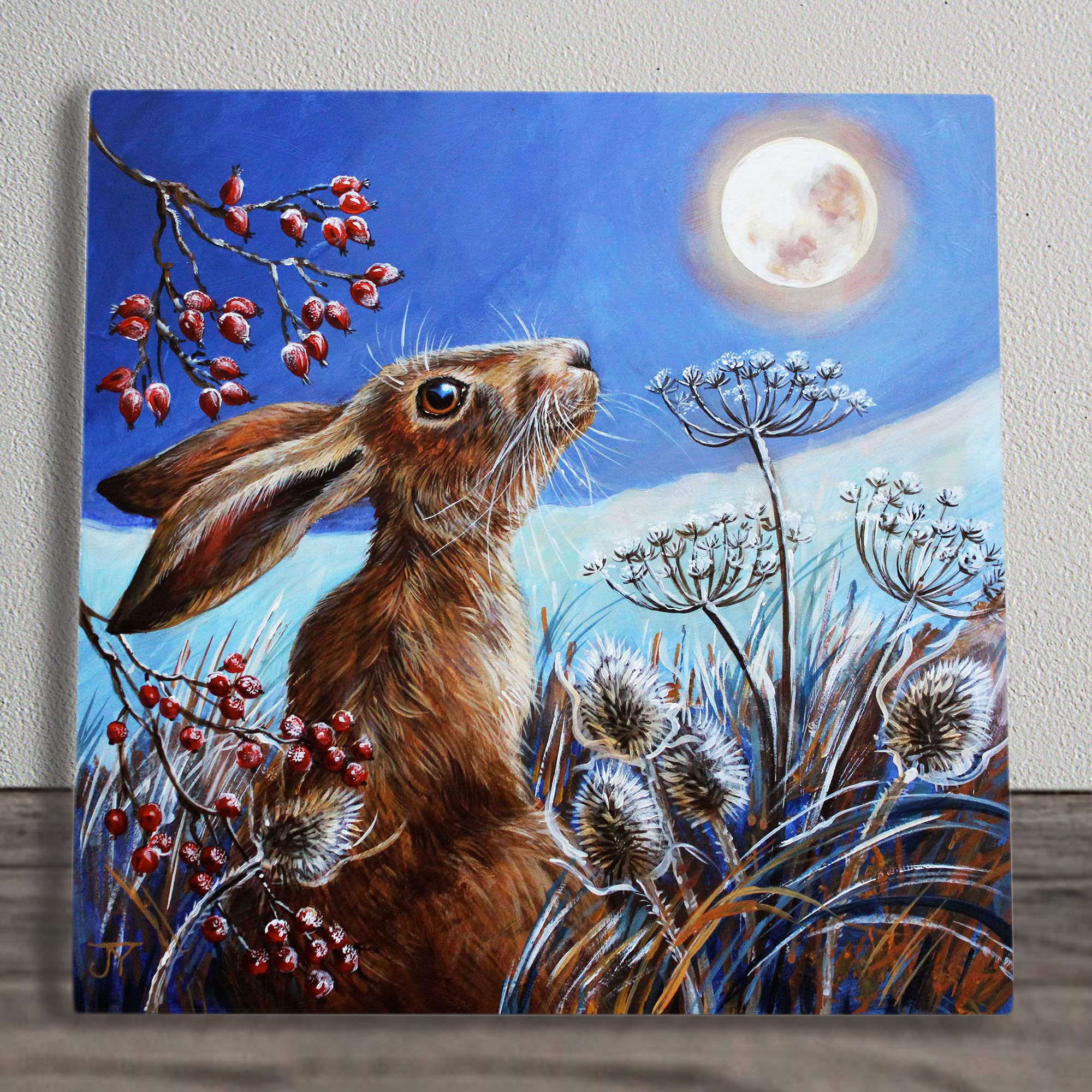 Frost Moon Hare Ceramic Picture Tile Artwork by Judith Yates Hanging Wall Art Home Décor