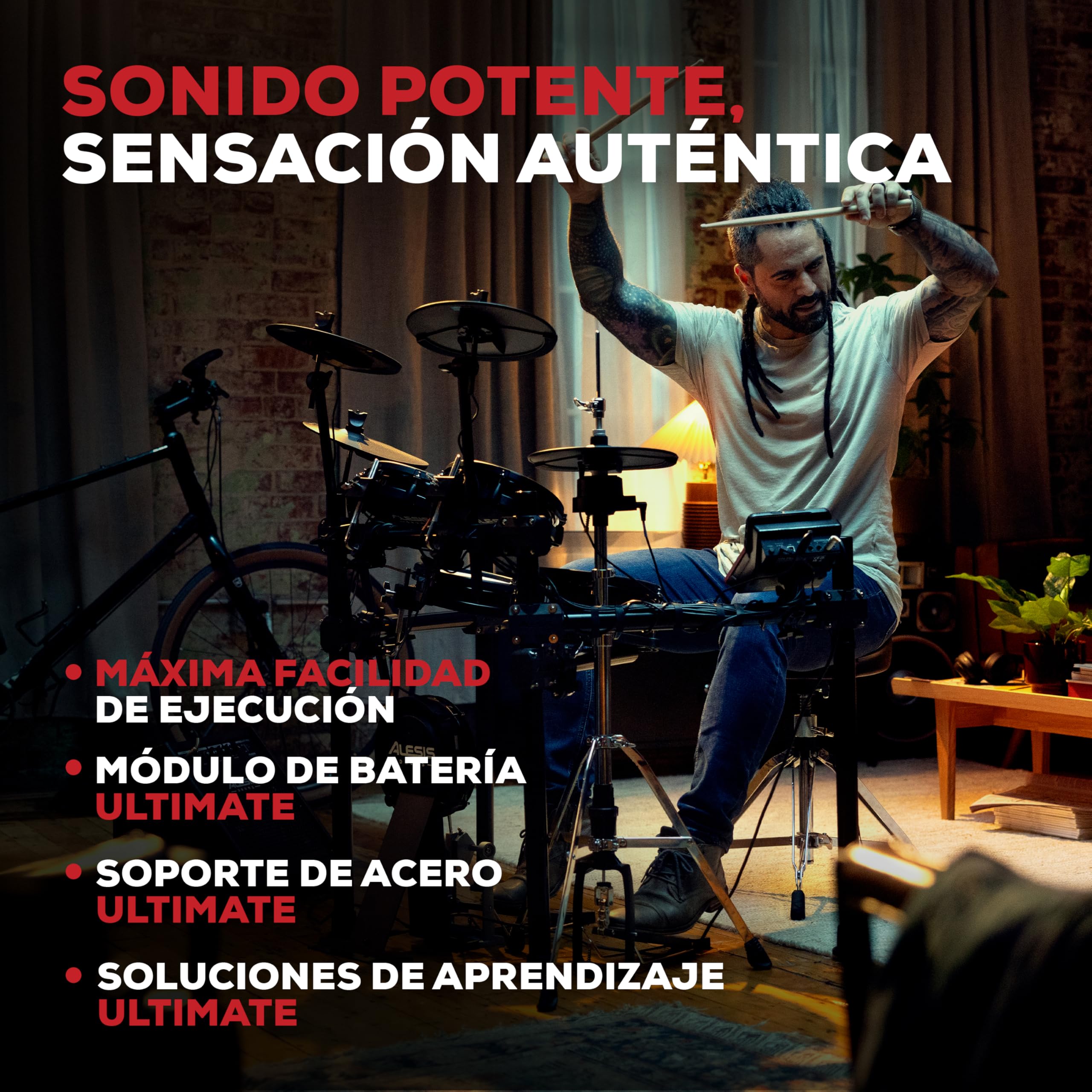 Alesis Nitro Ultimate Batería Electrónica con Pads de Malla de Doble Zona, Hi-Hat Independiente, 640 Sonidos BFD Auténticos y 52 kits, Bluetooth, Drumeo, USB MIDI, Compatible con Doble Bombo | 52 kits, 640 sonidos Plus, audio Bluetooth, Hi-Hat montado en