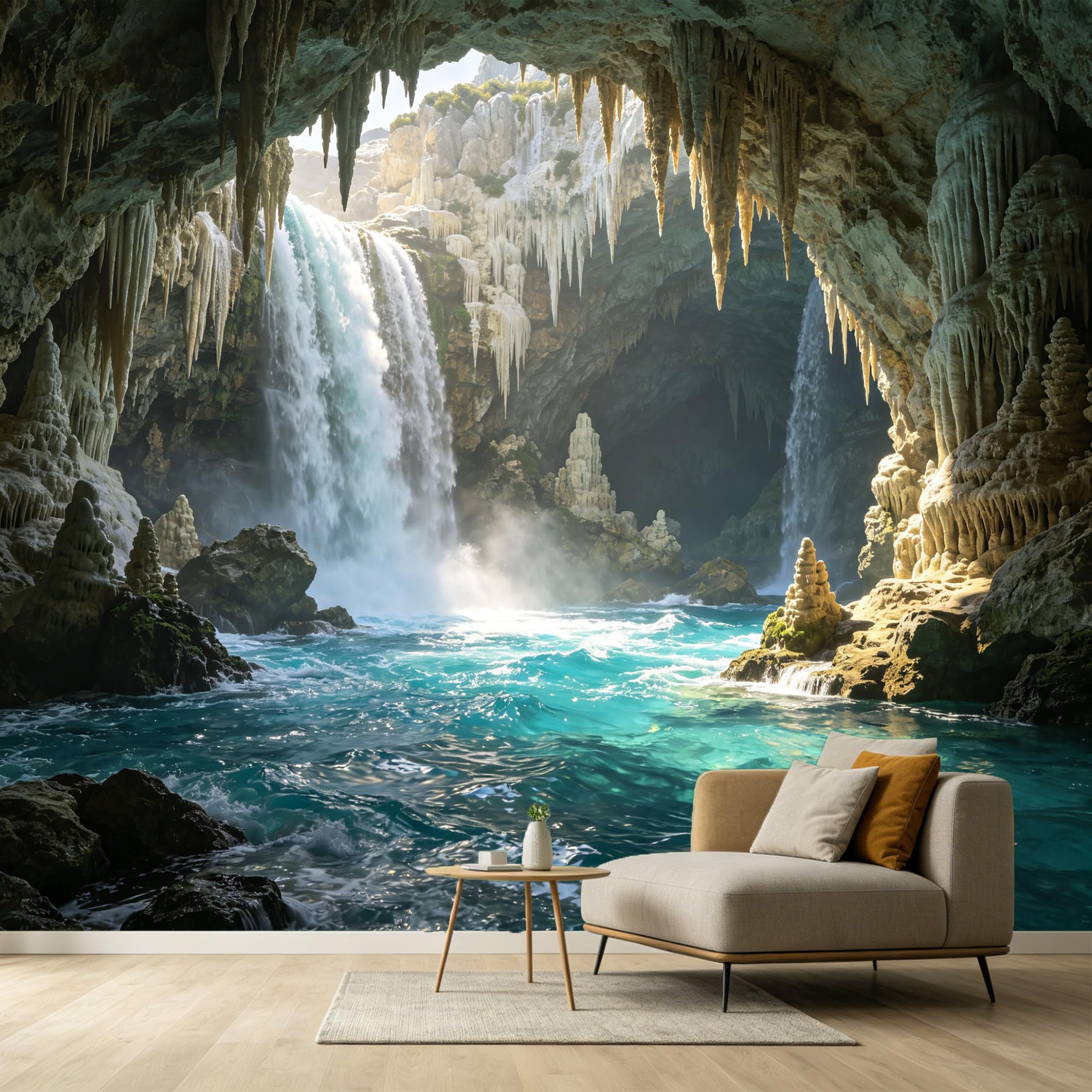 Custom Size Wall Murals Waterfall Cave Landscape 3D Trompe L'Oeil Stalactite Water SelfAdhesive Wall Fabric Removable Large Wallpaper for Photo Living Room