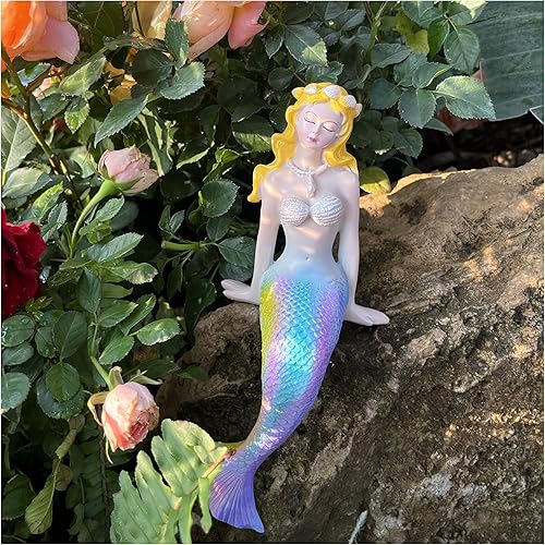 Figuras de sirena de resina de sirena sentada para jardín de hadas, maceta, patio, acuario, pecera, estantería, decoración del hogar, 9 pulgadas