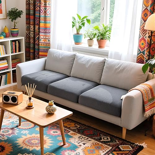 Miniatura 2 de Hokway Fundas Elásticas para Cojines de Sofá, 3 Piezas Fundas Individuales para Cojines de Sofá, Juego de Fundas para Asientos de Sofá de Jacquard,