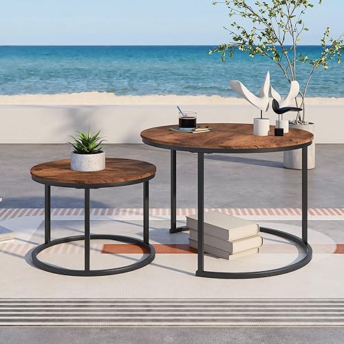 Miniatura 3 de BOFENG Mesas de centro redondas anidadas, juego de 2 mesas auxiliares para sala de estarbalcón, mesas auxiliares industriales apilables, muebles