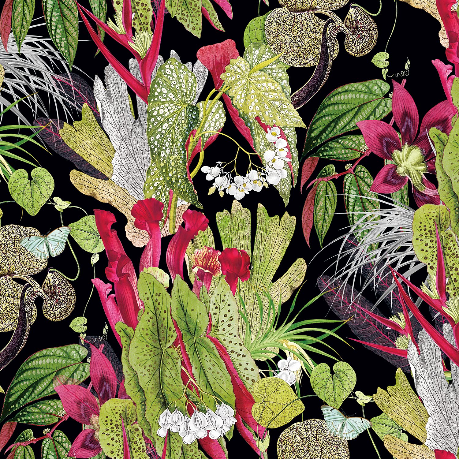 Velvet Upholstery Fabric Curtain Plush Tropical Botanical Paradise Rainforest (Exotic - CVL009 - Black, Per Half Metre)