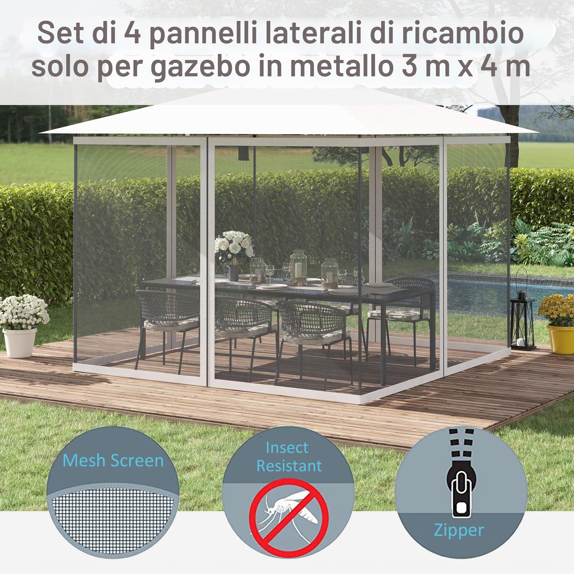 Outsunny Zanzariere per gazebo barnum 3 x 4 m - set di 4 zanzariere con cerniera + ganci di fissaggio - poliestere nylon