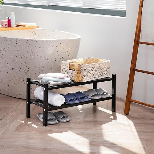Miniatura 4 de Zapatero de madera de acacia de 2 niveles, organizador apilable de entrada para armario, entrada, fácil montaje, soporte de almacenamiento para Negro