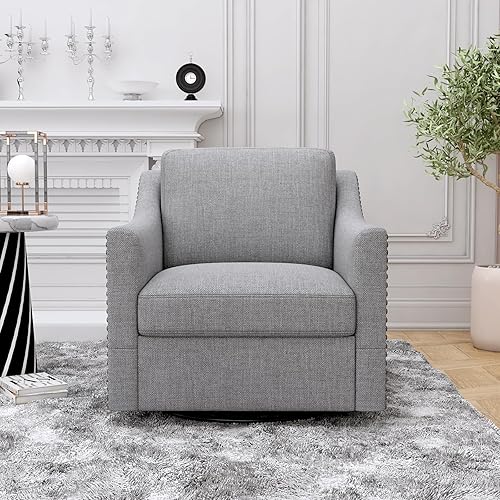 Miniatura 2 de Olela Silla giratoria para sala de estar, dormitorio, sillón de gran tamaño, moderno barril redondo con brazo en línea de tela (gris)