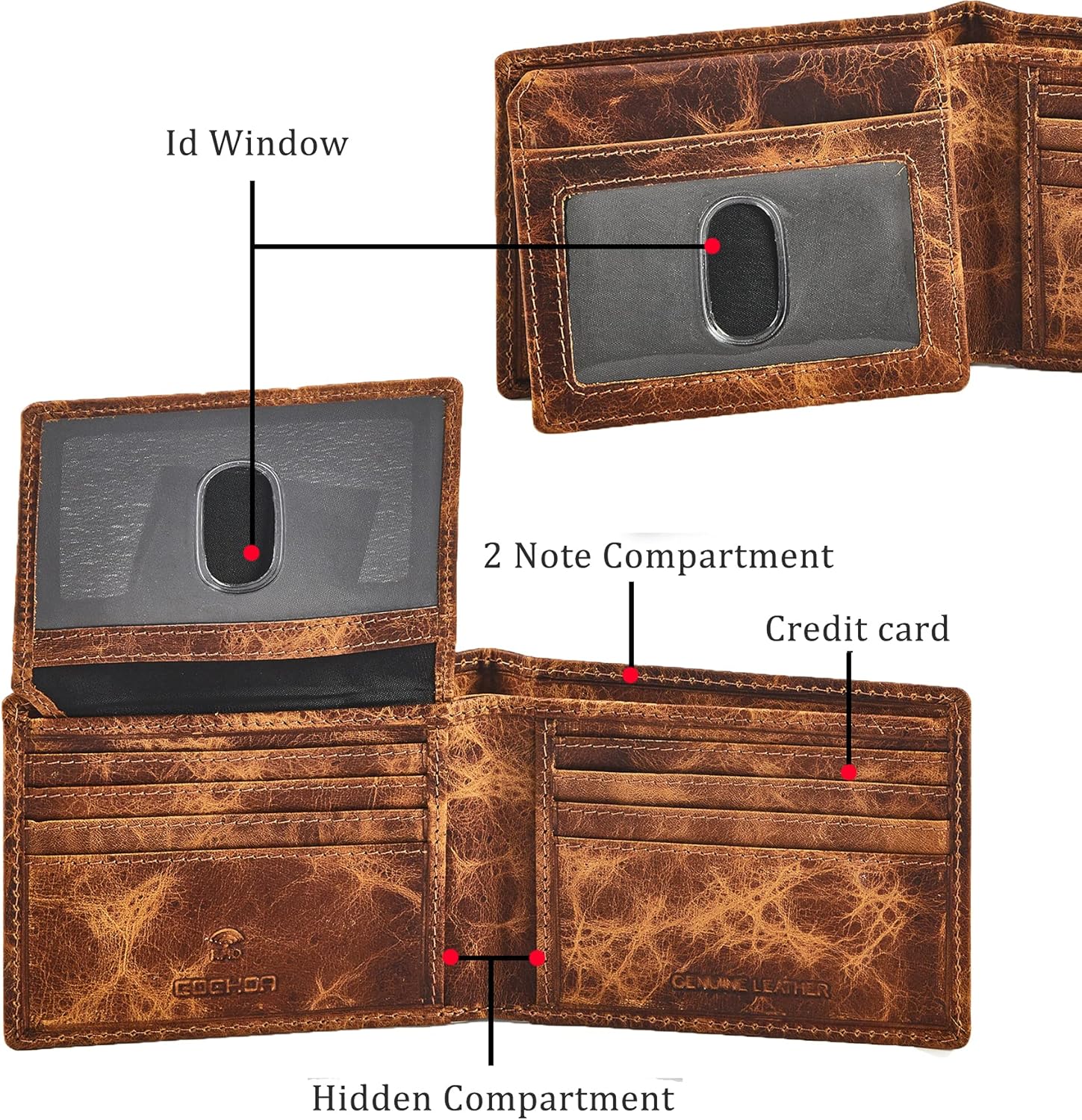 Cochoa Bifold Wallet for Men's Real Genuine Slim Leather RFID Blocking 2 ID Windows Stylish Travel Gift Box (DISTRESSED, HAVANA) - Image 2