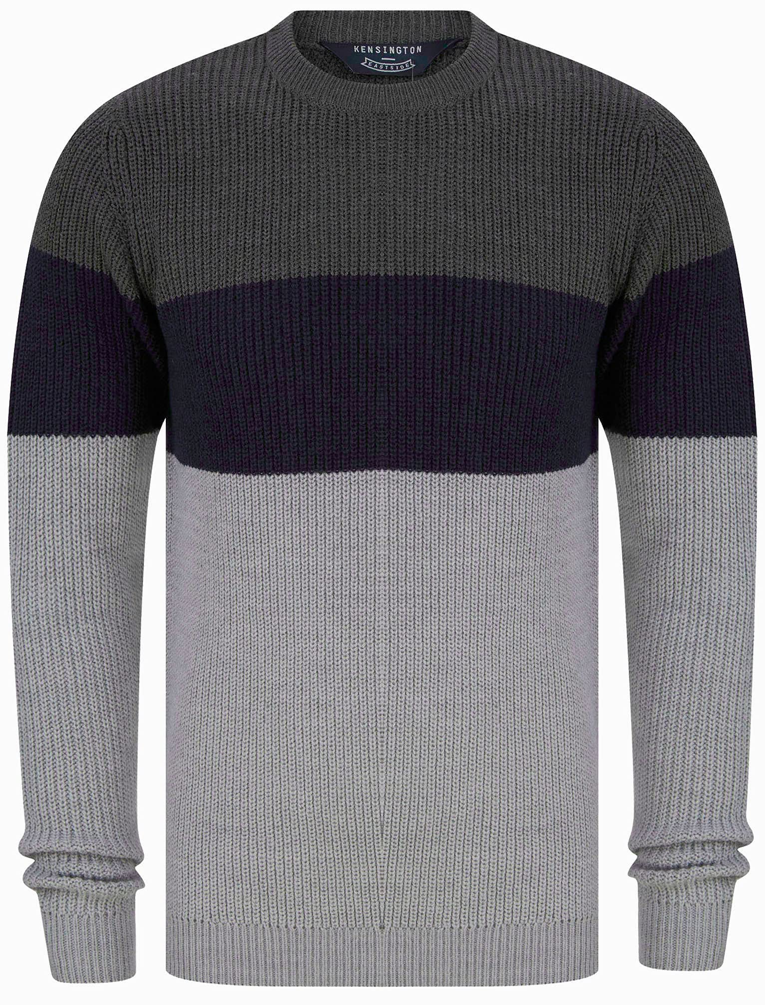 Kensington Eastside Men's Levy Colour Block Crew Neck Knitted Jumper - Dark Grey Marl- XL