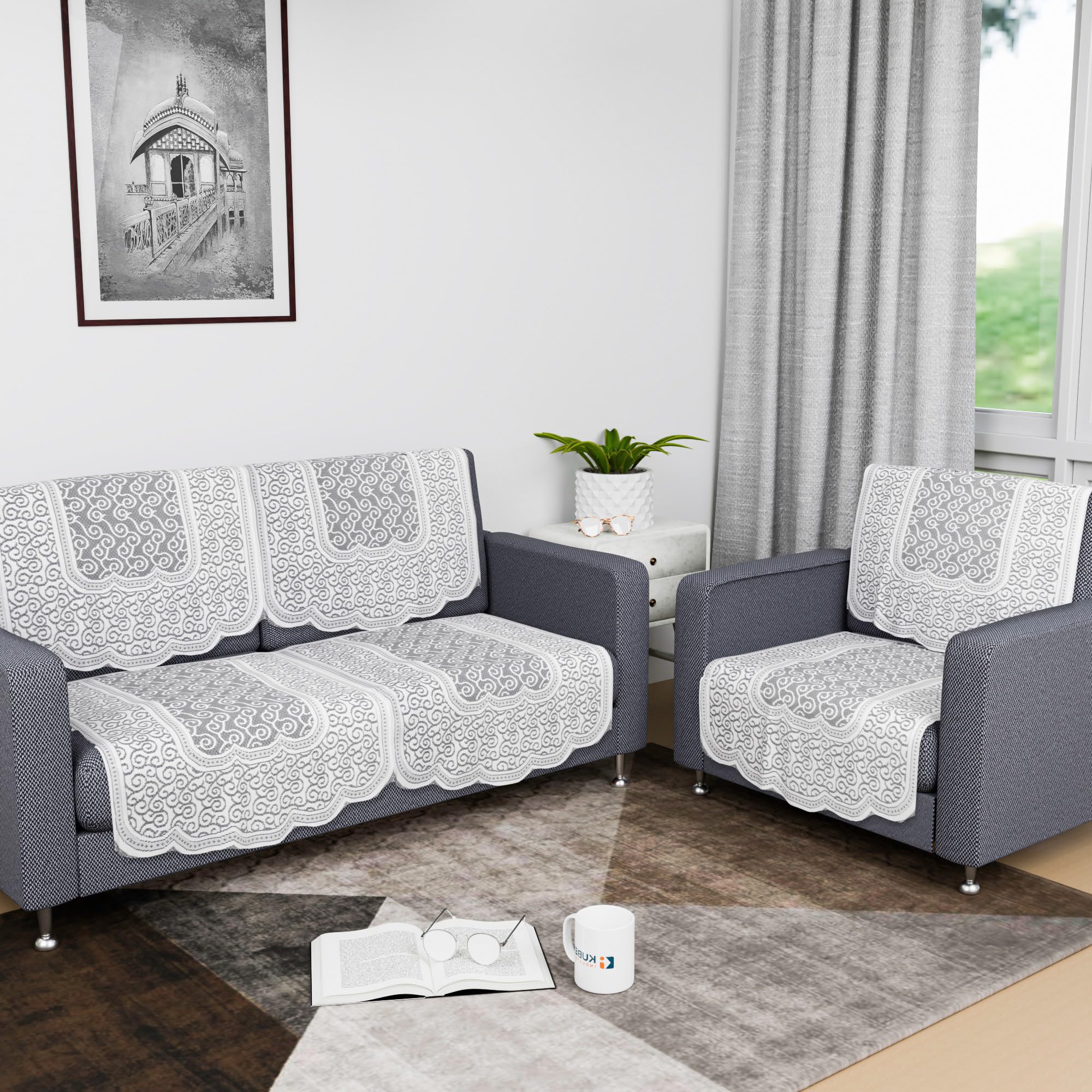 Kuber Industries Net Sofa Cover for 2+1 Seater - Zig Zag Printed White Slipcover Set for Living Room Couch