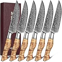 HEZHEN 6-Piece Damascus Steel Steak Knives Set - 67 Layers, 10Cr15CoMoV Core, Figured Sycamore Wood Handles, Razor Sharp Gift Box