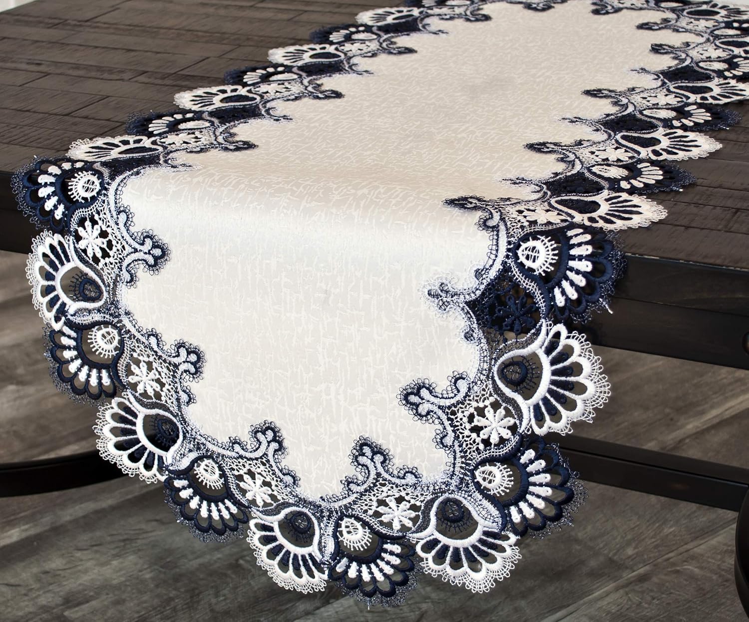 Flаѕh Dеаlѕ - 70% оƒƒ Linens, Art and Things White Navy Blue Jacquard Peacock Tail Lace Dresser Scarf Table Runner Coffee Table Runner 16 x 35 inches Approx