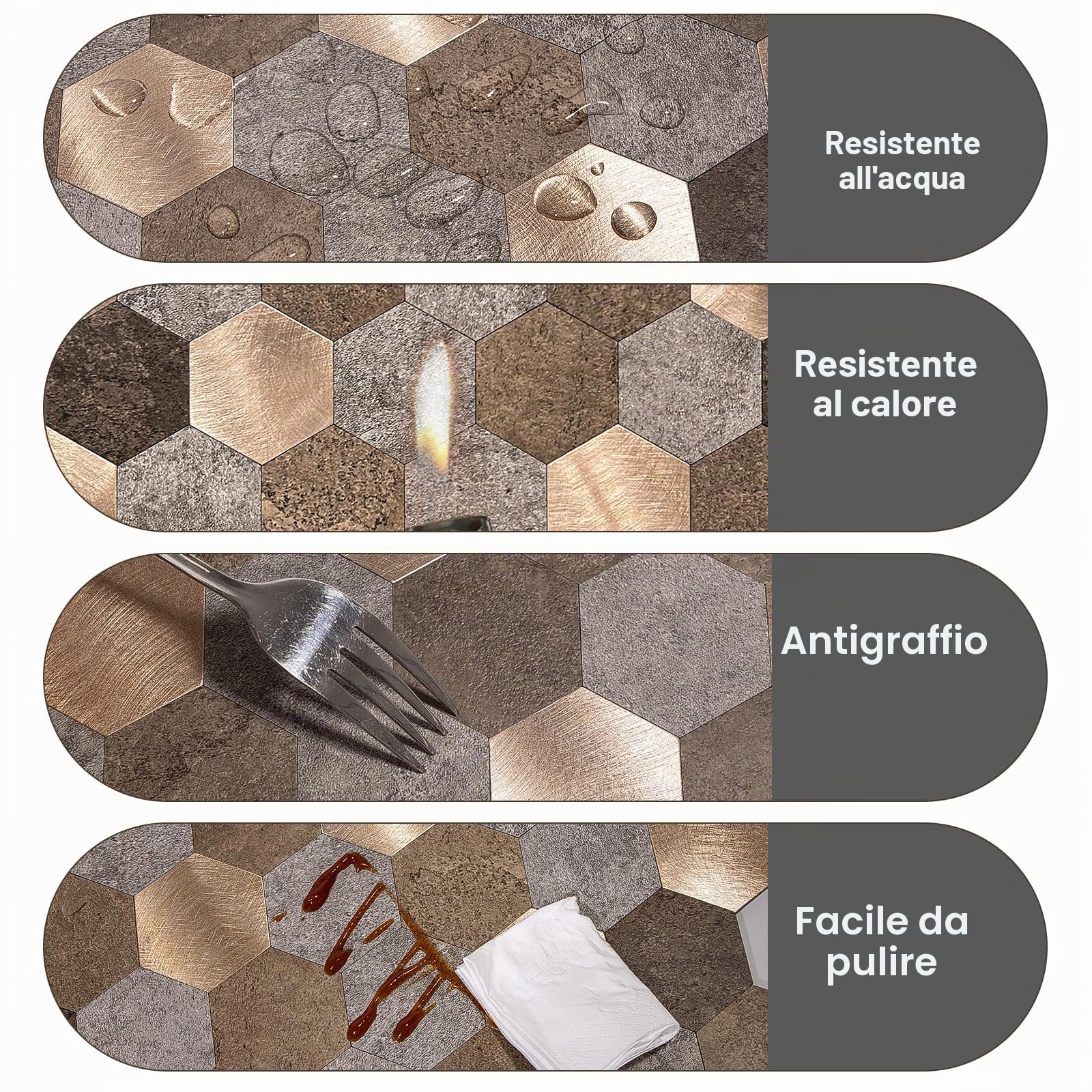 Set di 10 fogli per piastrelle da parete autoadesive in metallo spazzolato, spessore 4 mm, super resistente