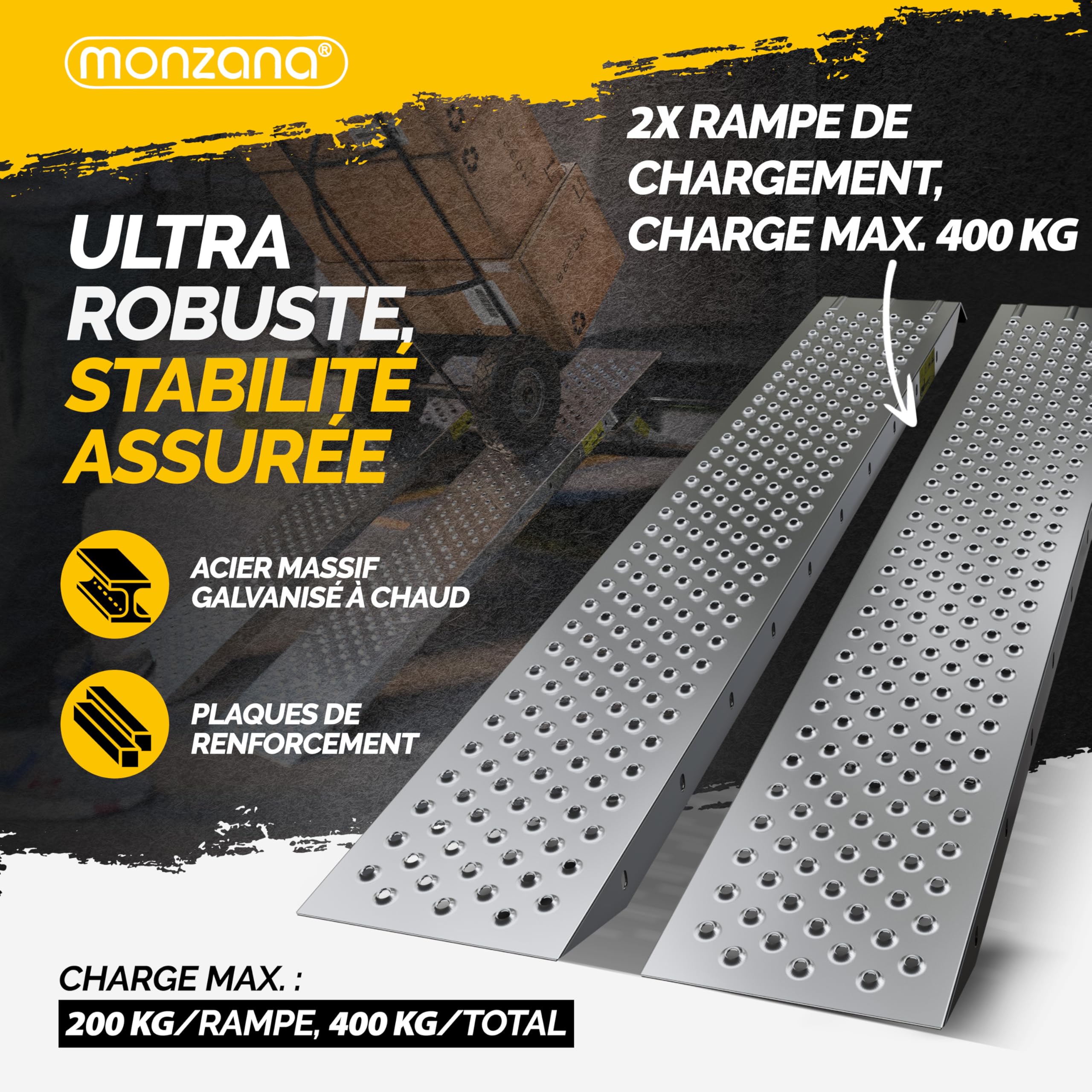 MONZANA® Lot de 2 rampes de Chargement en Acier galvanisé 160 cm Charge Max. 200 kg par Rampe Surface antidérapante