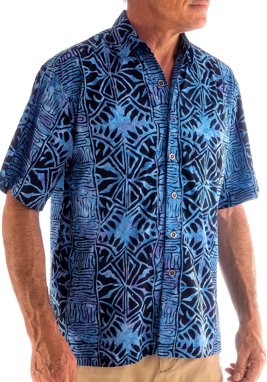 Johari West Hawaiian Short Sleeve Cotton Button-Down Batik Shirt for Men (Geometric Forest)