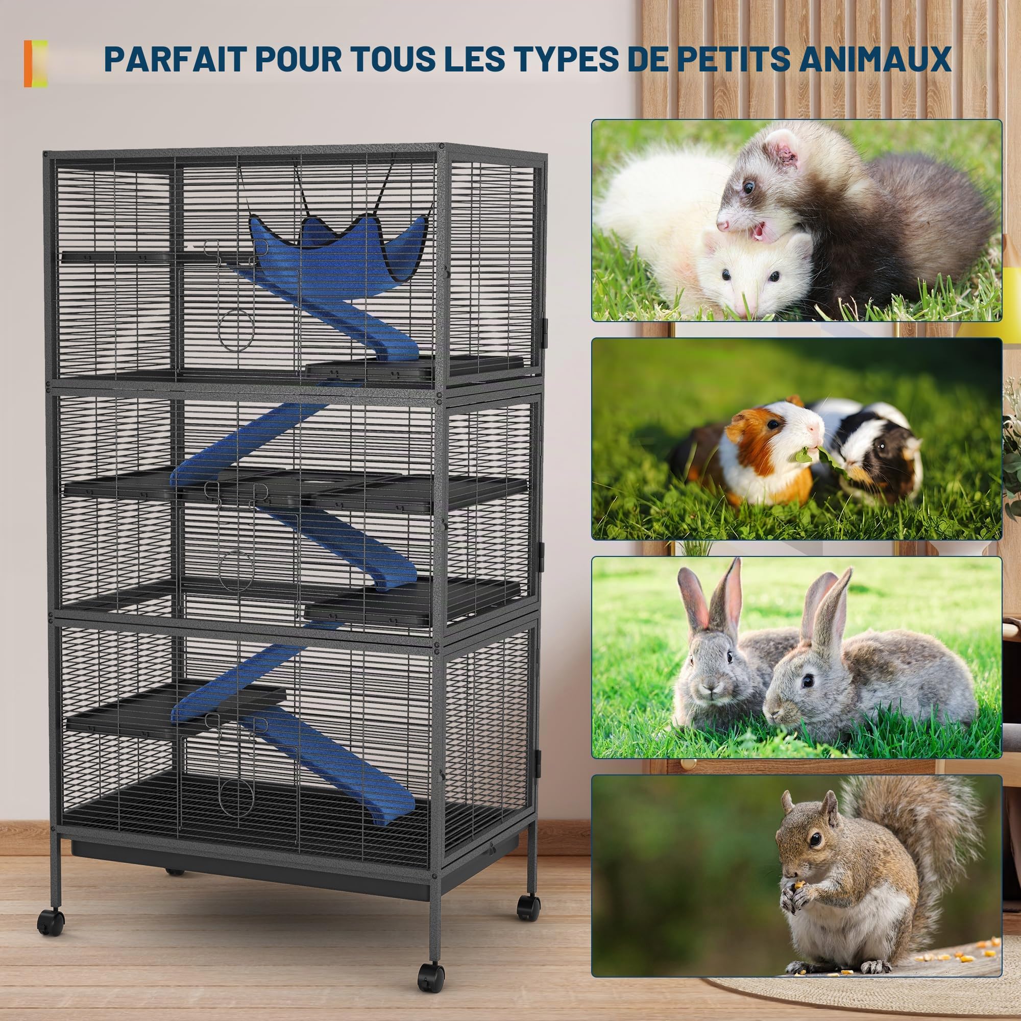Garvee Cage en métal spacieuse 6 Niveaux, avec rampes en Polaire et hamac, Portes Doubles sécurisées, roulettes et bac Amovible, pour furets, Chinchillas, cochons d‘Inde.
