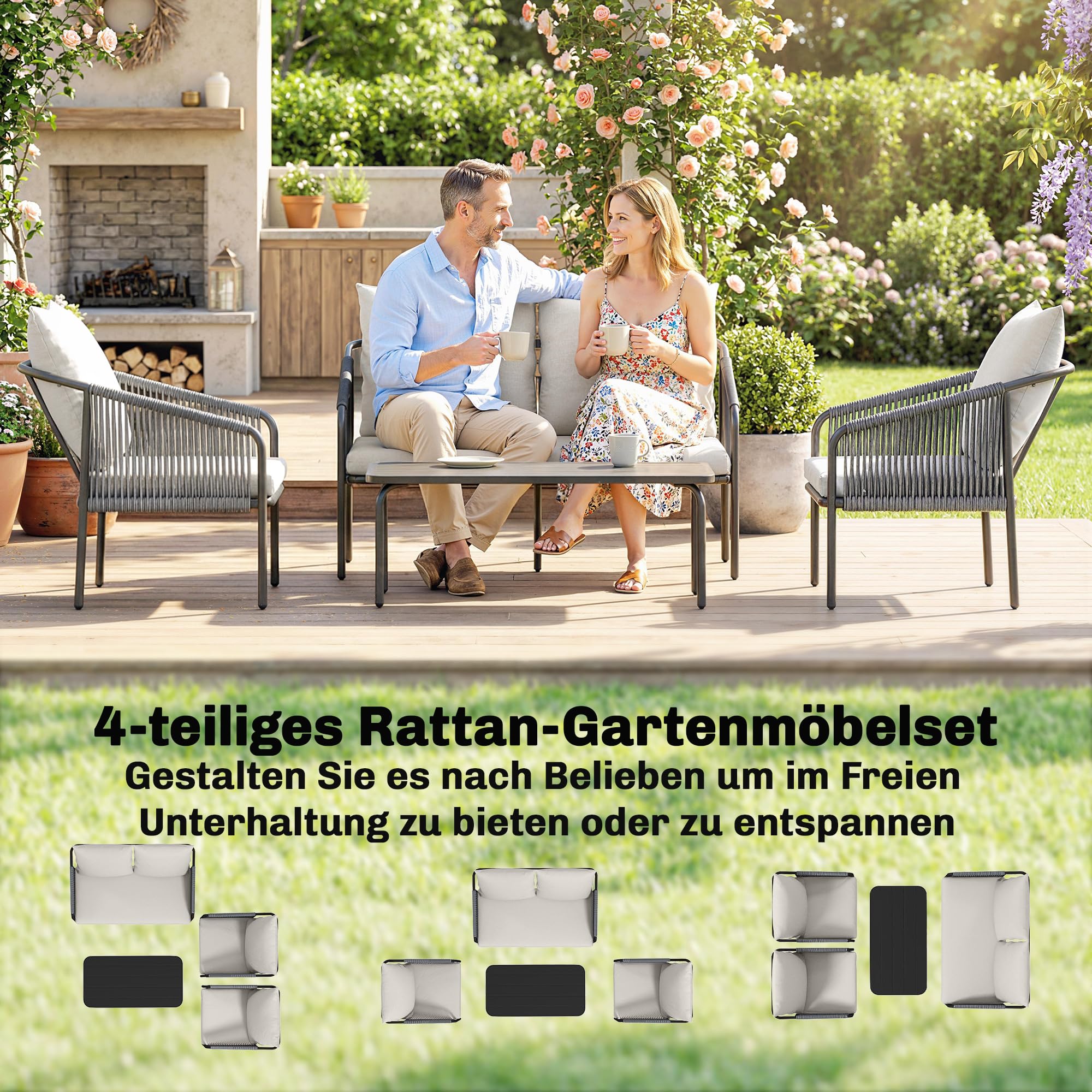 Outsunny Gartenmöbel Set 4-teilig Polyrattan Lounge-Set Zweisitzer Khaki | 2 Sessel, Couchtisch, Abnehmbare Kissen mit Bindebändern, Stahlrahmen, Balkonmöbel für 4 Personen
