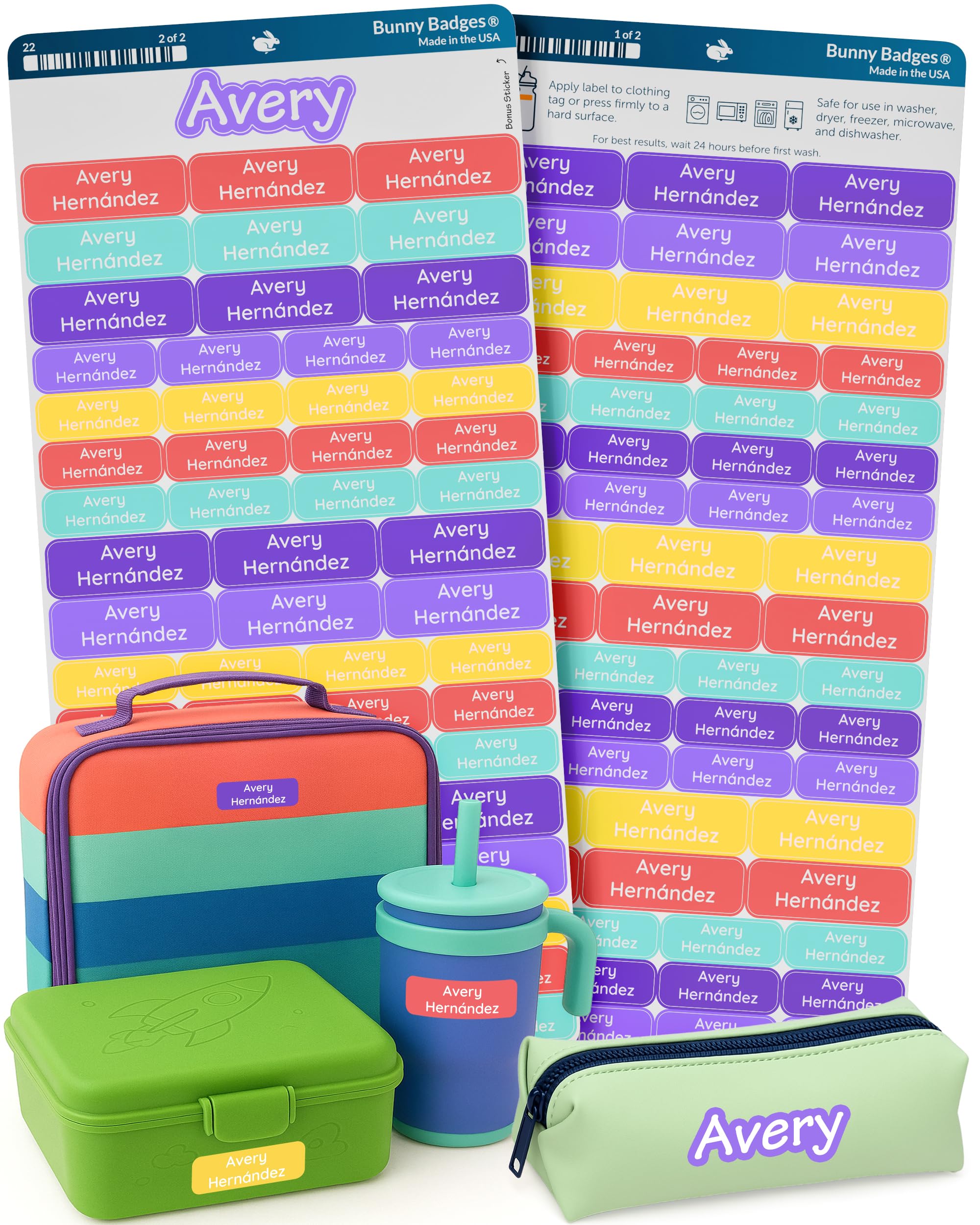 Bunny Badges Personalized Daycare Name Labels for Kids (120 Labels) Custom Label for Clothing Tag - Waterproof Name Stickers for Clothing Tags,