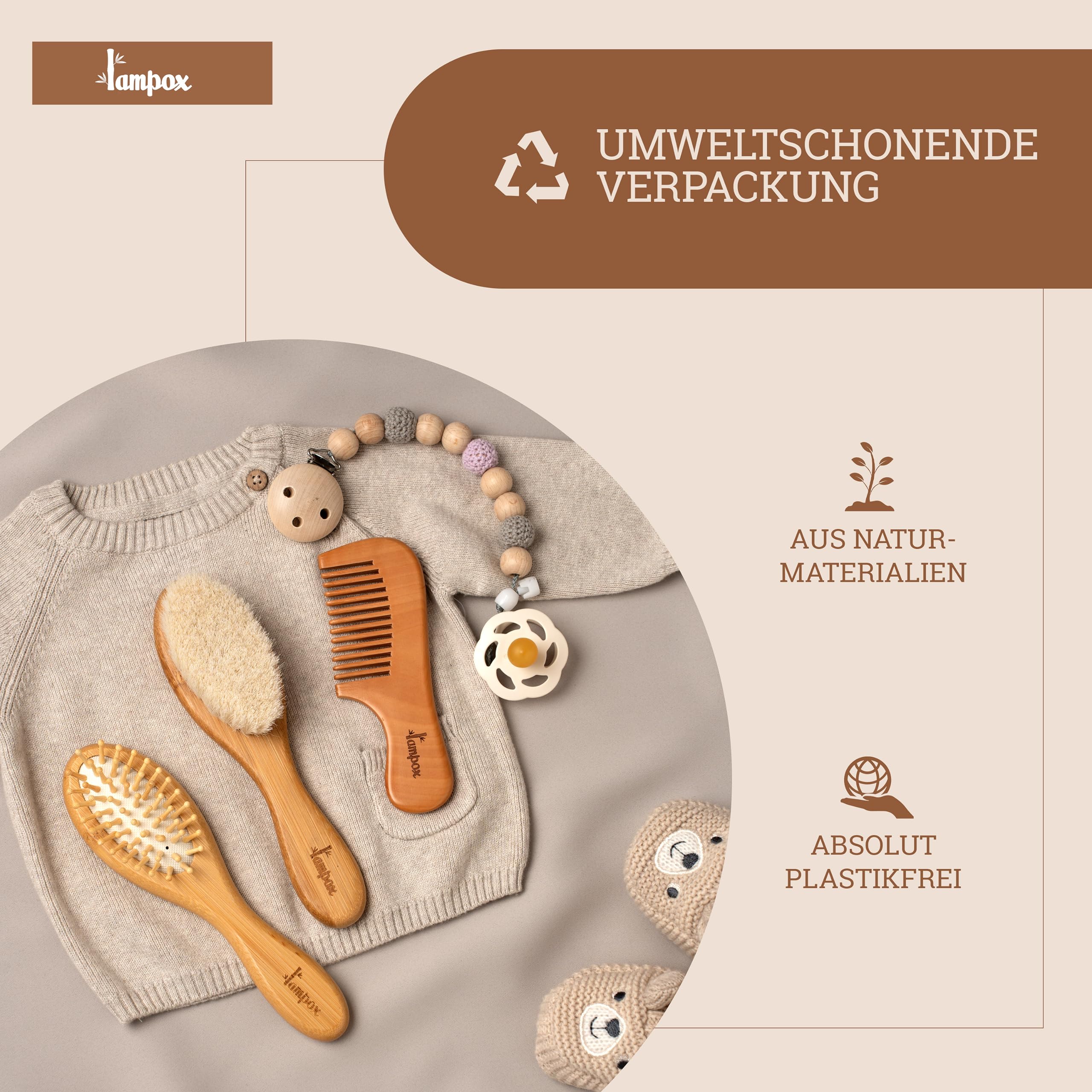 lampox - Ensemble brosse à cheveux et peigne pour bébé - Brosse à cheveux en bois naturel avec poils de chèvre doux - Brosse douce pour bébé pour nourrissons et tout-petits - Brosse à cheveux pour