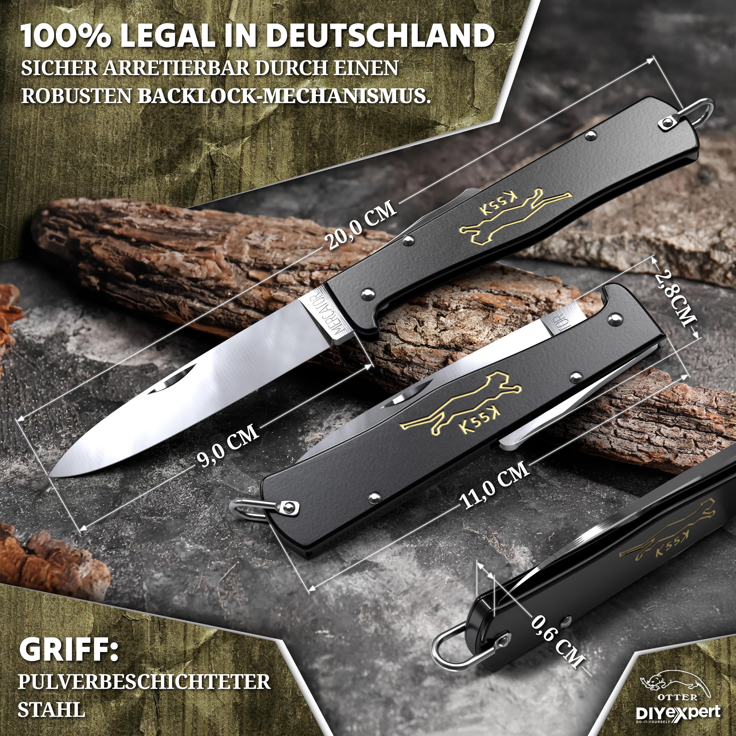 DIYexpert Outdoor-Messer MERCATOR K55K Katze | [Klinge Carbon] | Klappmesser Made in Germany | Ideal als Taschenmesser oder Jagdmesser