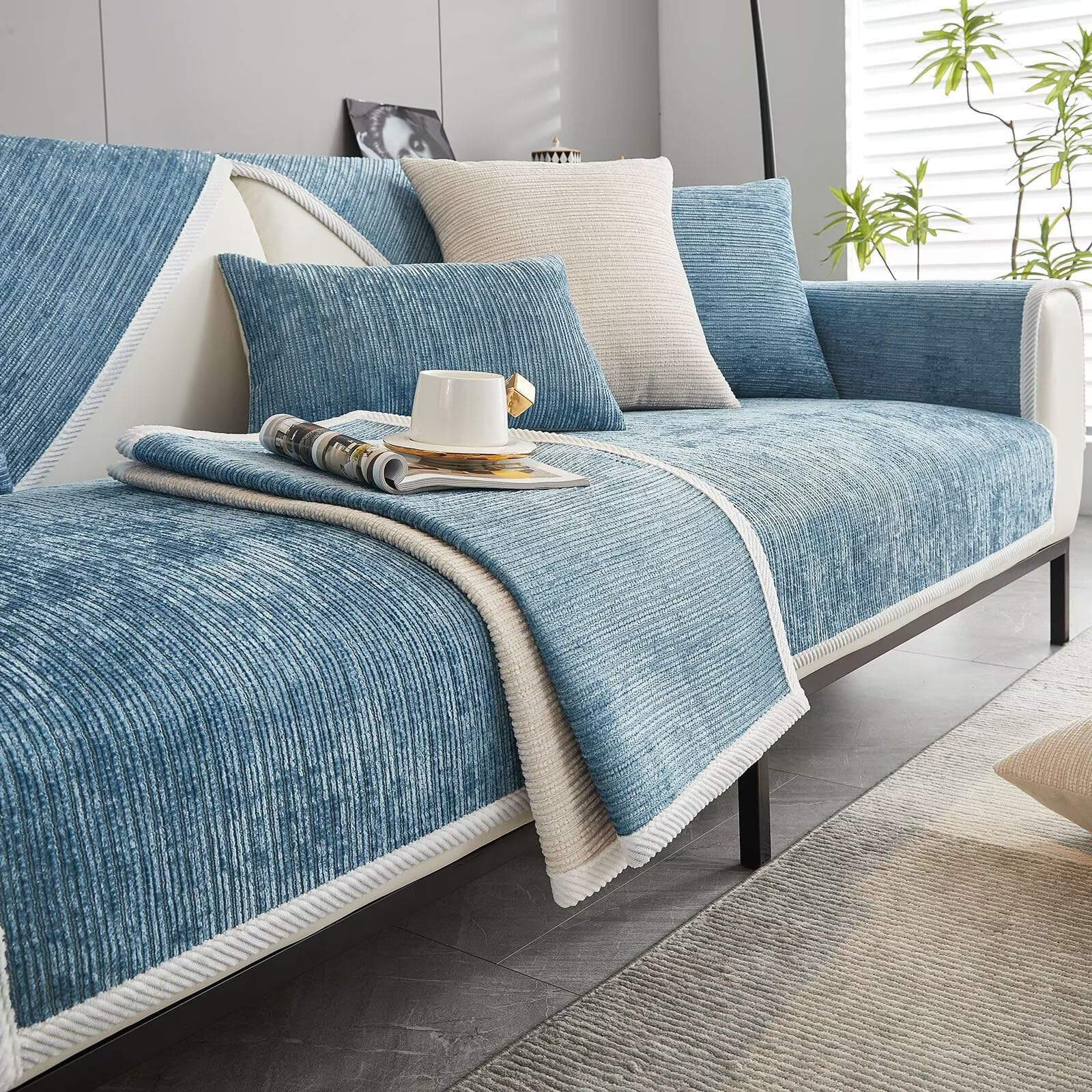 Housse de canapé chenille bleue protège-canapé anti-glisse pour animaux et enfants