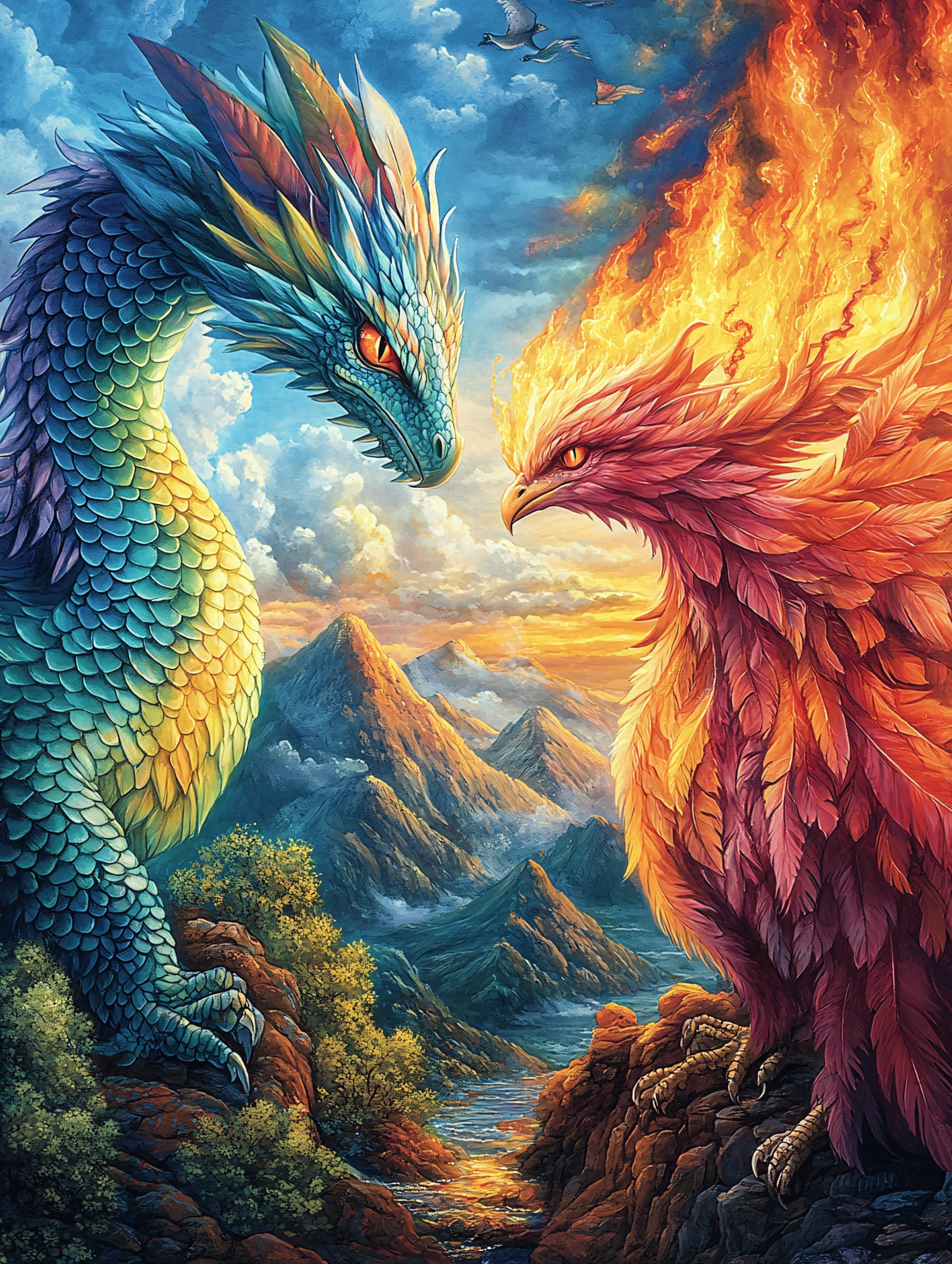 Dragon And Phoenix in Flames 500 Piece Jigsaw Puzzle for Adults Teens Mitos Fantástico Cuento De Hadas Dorm Room Decor Study Break Challenging Puzzle Great Gift for College 500 PCS