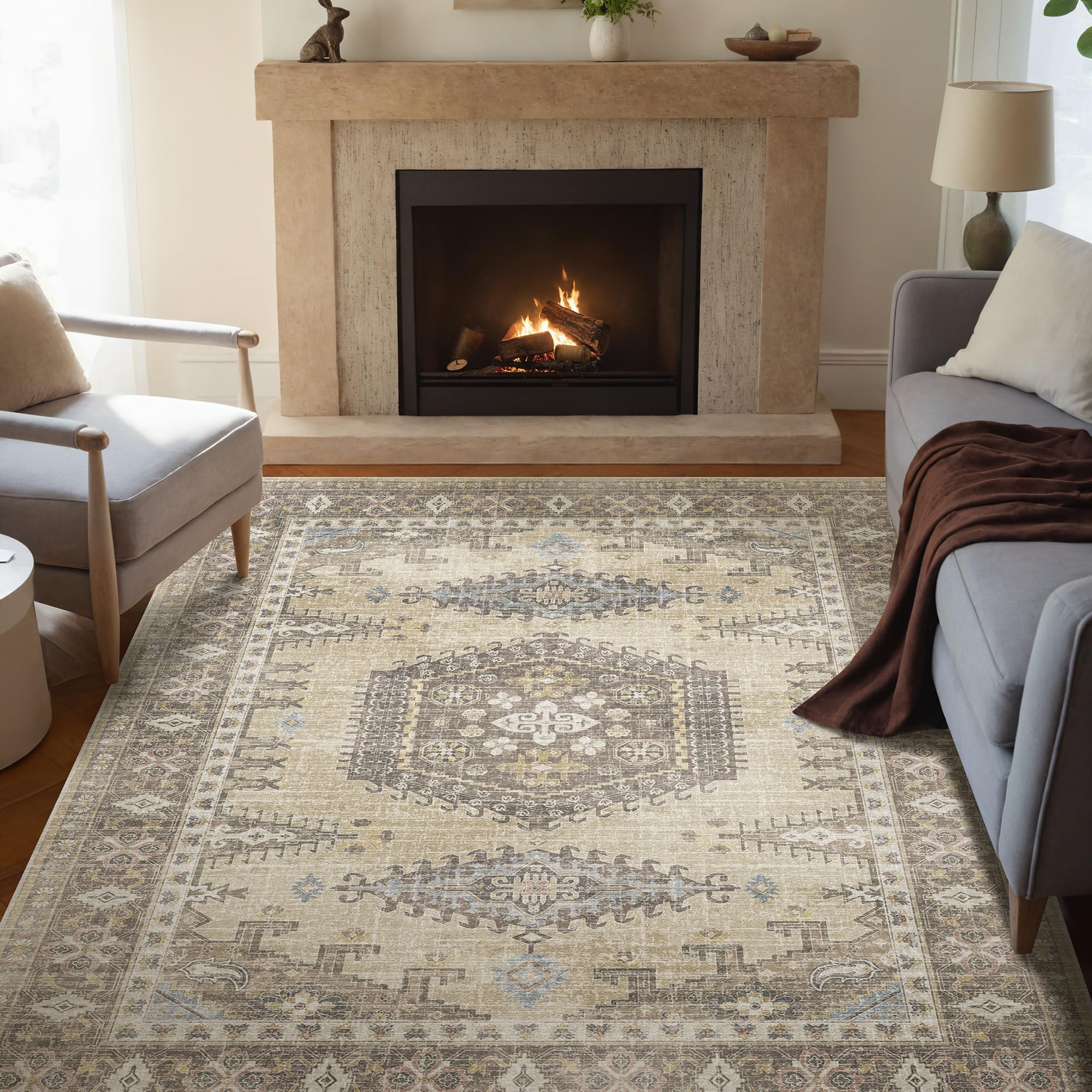 Kokia Area Rugs Living Room Ultra-Thin No Pile Washable Brown 4x6 Large Area Rug Bedroom Geometric Tribal Distressed Light...
