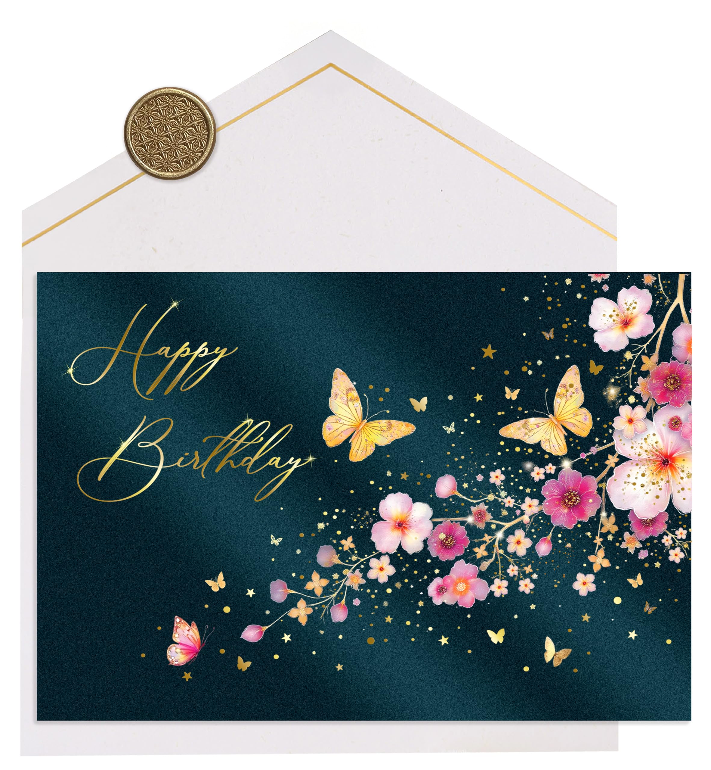 Joli Coon Papeterie 5 Geburtstagskarten SET STARDUST Cherry blossom - Premium Geburtstagskarten Set mit FinePaper Kuvert und echtem Wachssiegel