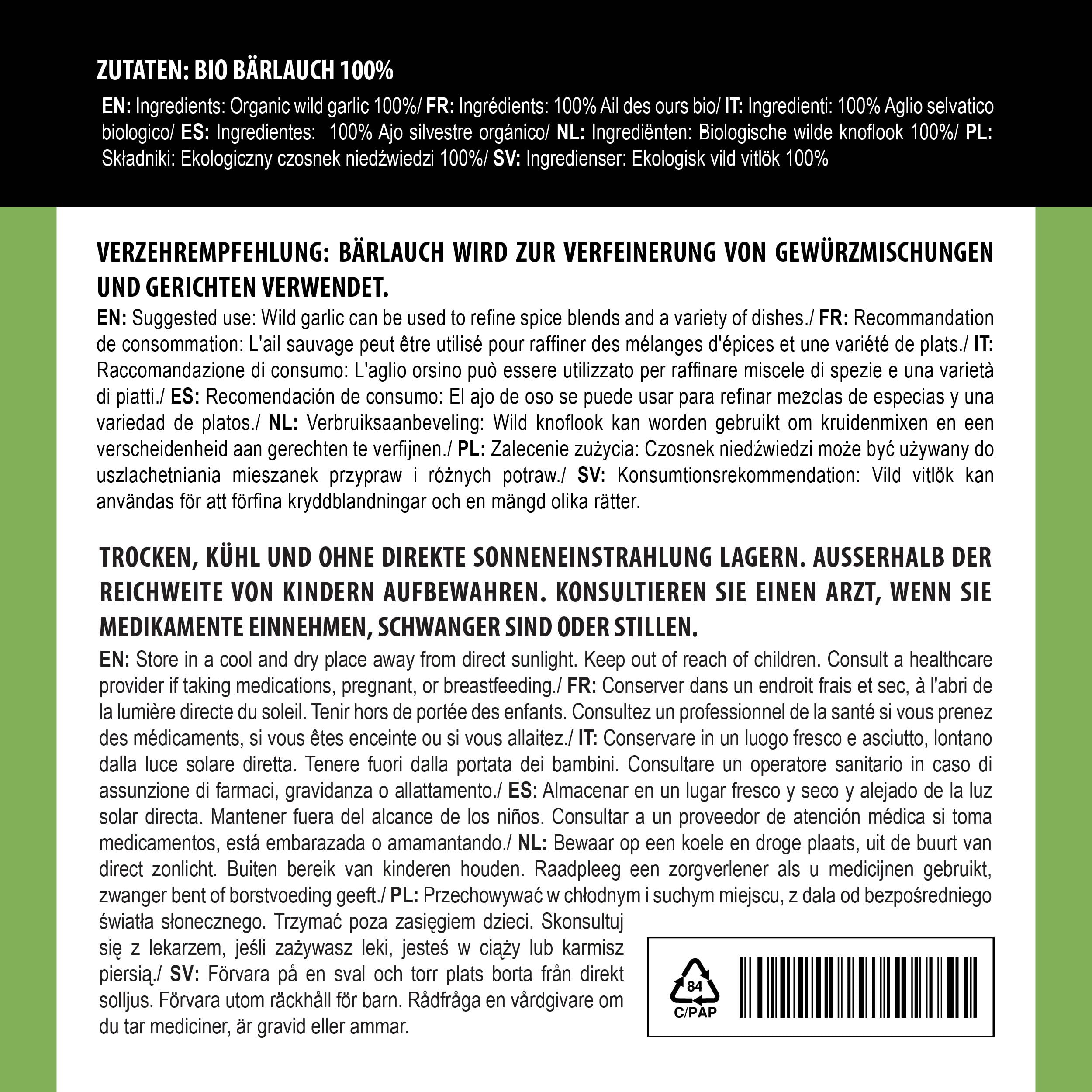 Alpi Nature Ajo Silvestre Orgánico 125g, Hojas de Ajo Silvestre Secas y Picadas para Cocinar