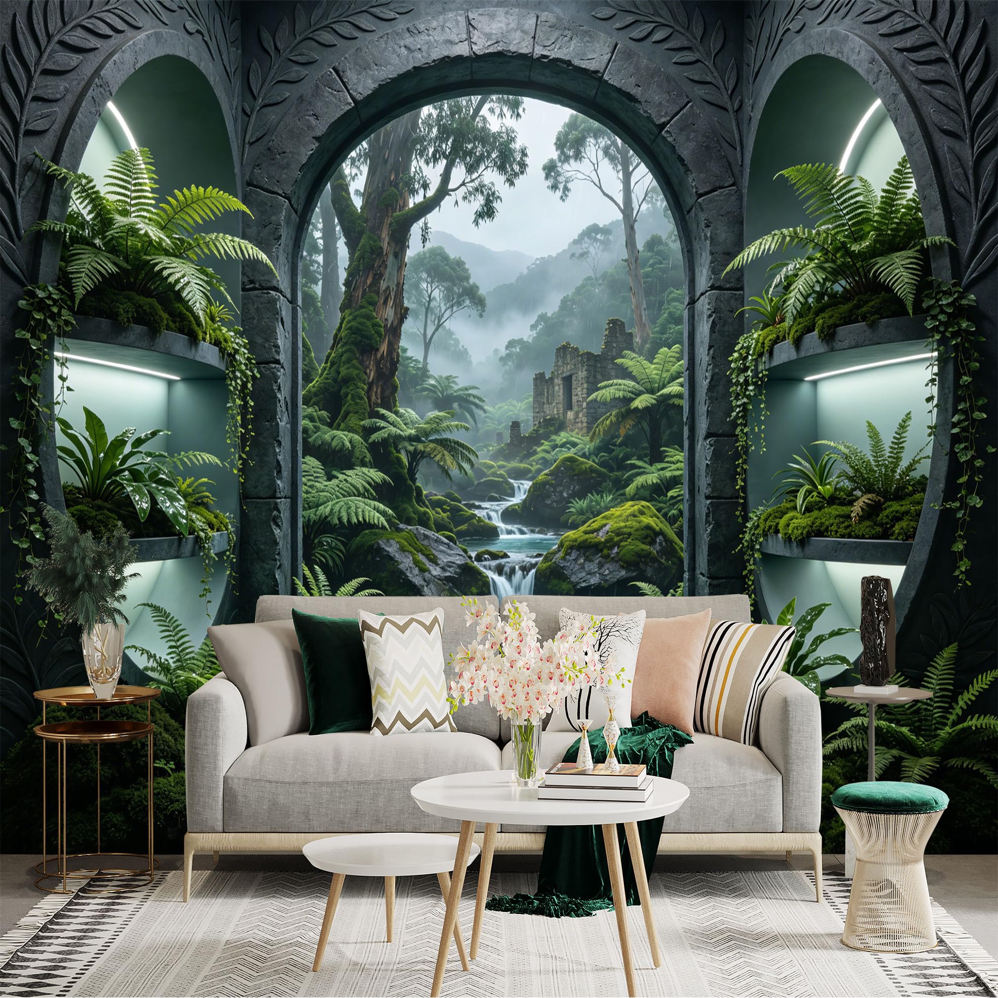Custom Size Wall Sticker Mural， Tropical Forest with Waterfall， Ancient Ruins and Lush Green Plants， for wall Decoration， peelandstick wall Decals.