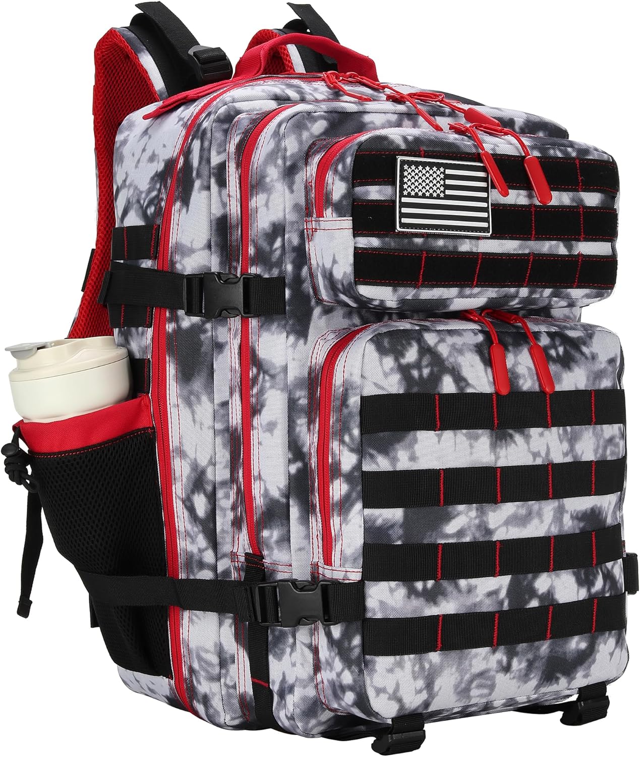 45L Tactical Assault Backpack 3 day assault pack with Molle Waterproof backpack Rucksack for Tactical Backpacks (Black White Red)