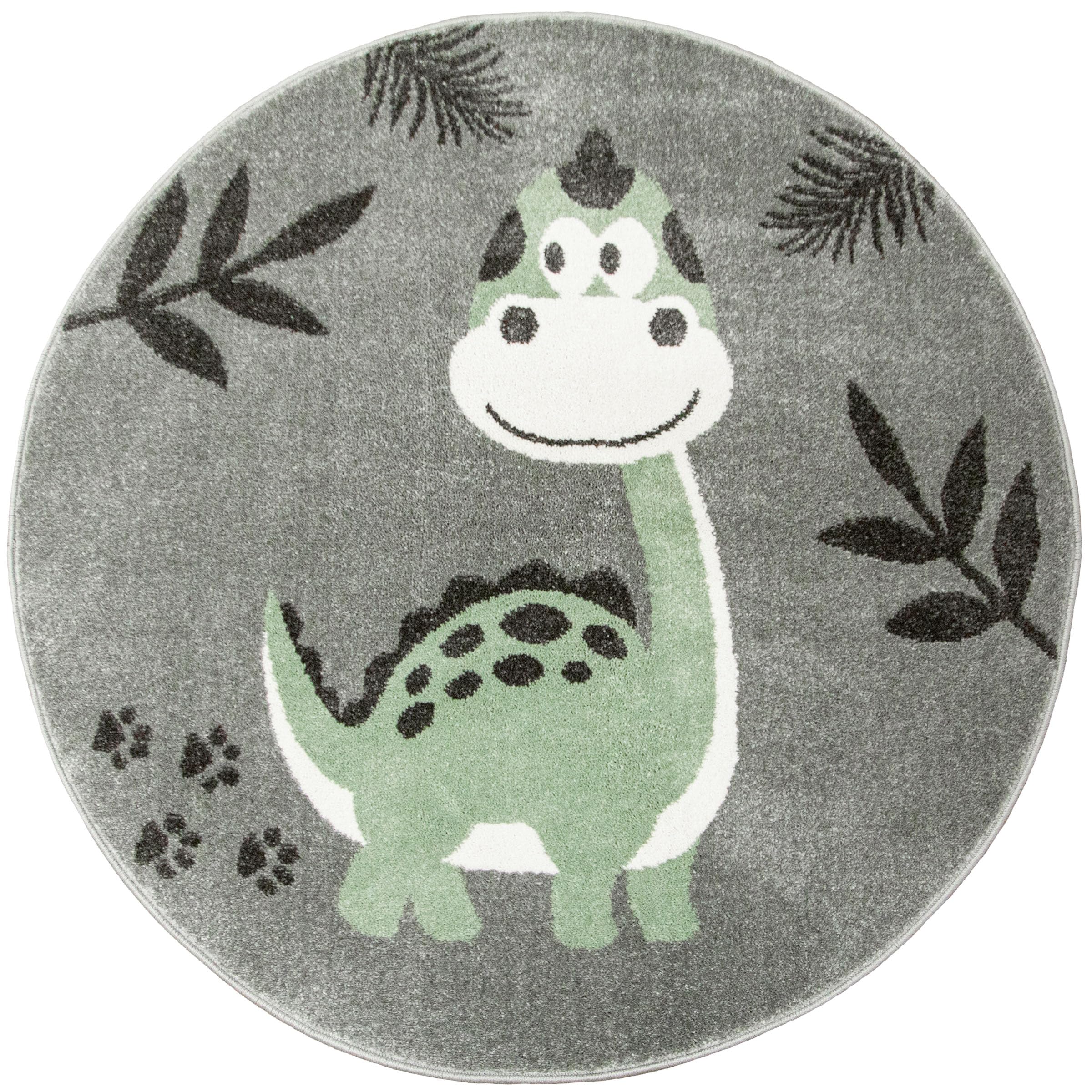 Runder Kinderteppich Lima Dinosaurier Grau, Grün 160 cm, Teppiche für EIN Kinderzimmer mit kurzem Flor, Teppich für einen Jungen, Mädchen, Gemütlich Spielteppich, Dekorativ