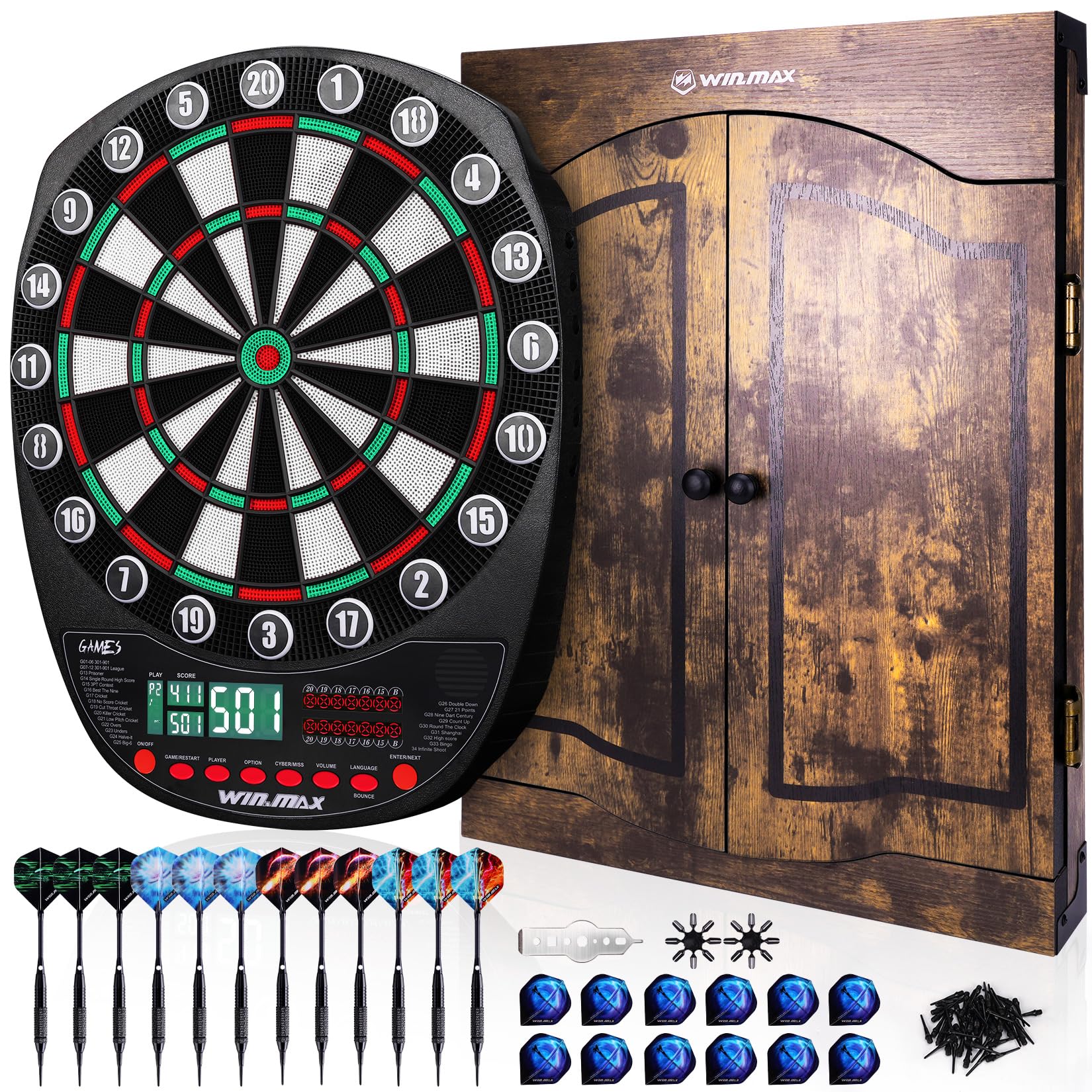 Cible de fléchettes électronique 34 Jeux avec 354 Variantes avec Armoire et 12 fléchettes à Pointe Souple