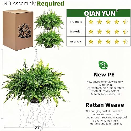 Vista 3 de QIANYUN Helecho falso para exteriores, paquete de 2 plantas artificiales de helecho colgante para exteriores, plantas de plástico resistentes a