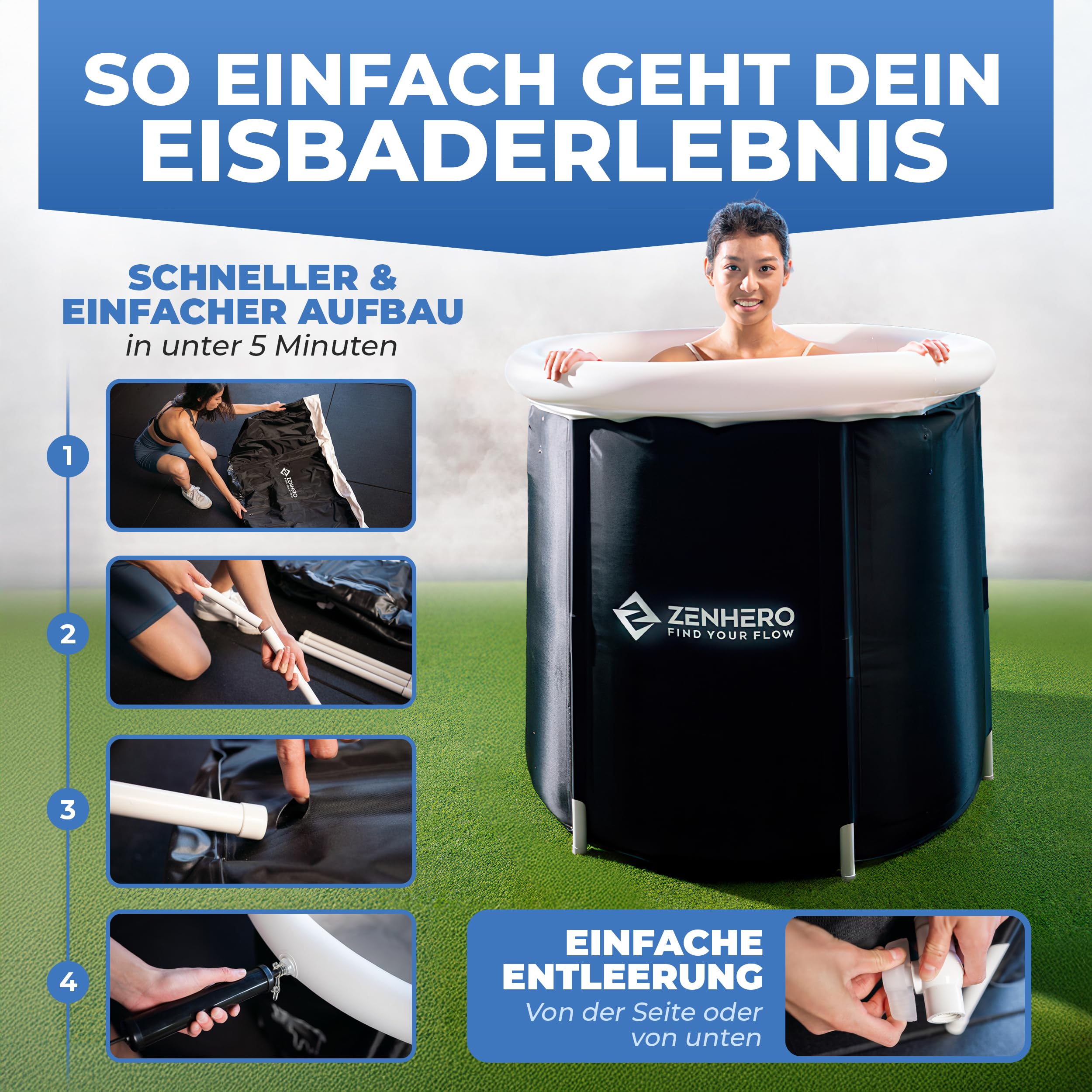 Zenhero Recovery - Kit de baño de hielo (85 cm de diámetro), máximo confort y mucho espacio, con termómetro y 2 cuidados de agua, terapia de frío para el hogar – Tonel de hielo con 5 capas aislantes