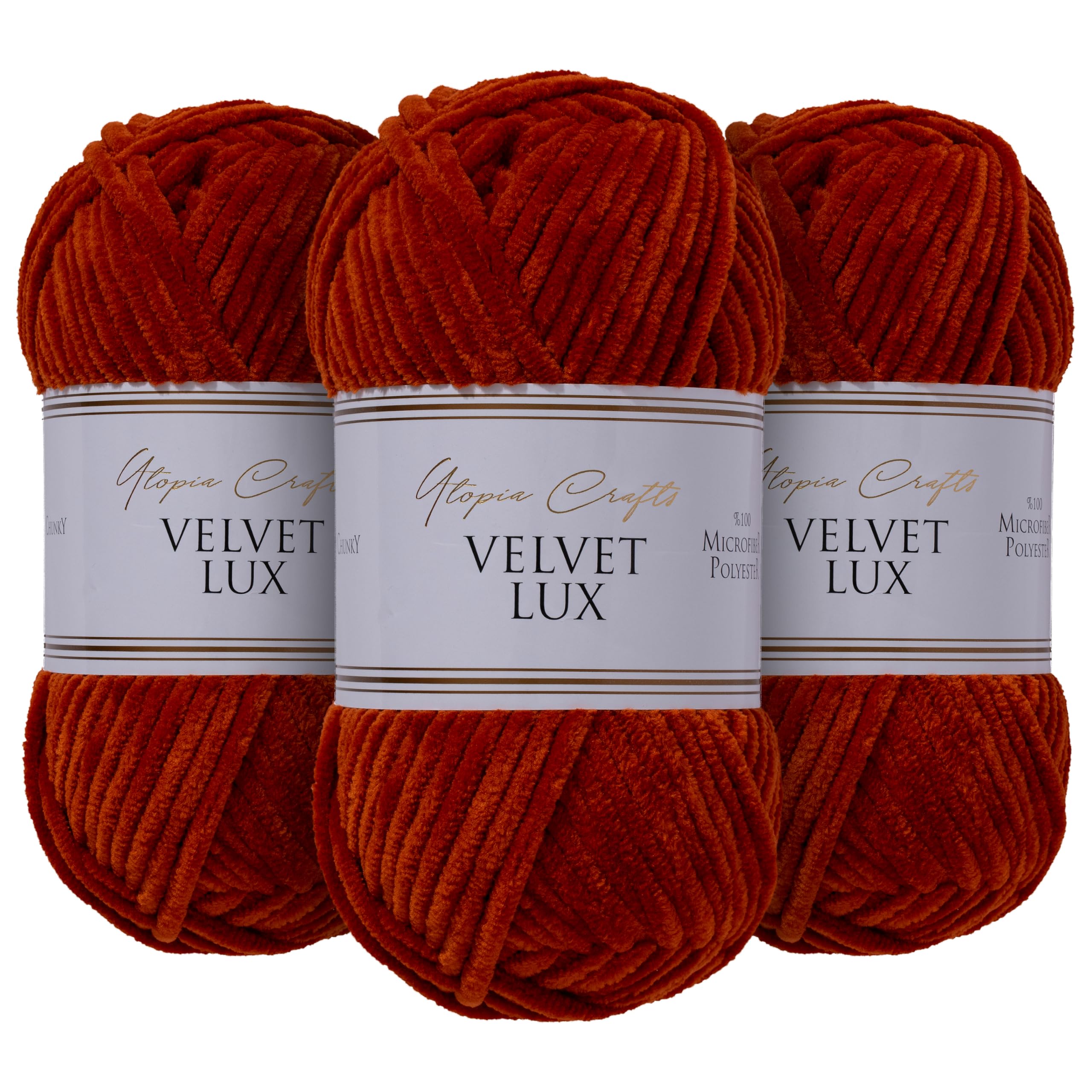 Utopia Crafts Velvet Lux Chenille Super Soft Chunky Yarn for Knitting and Crochet Yarn 3X 100g (Dark Orange)