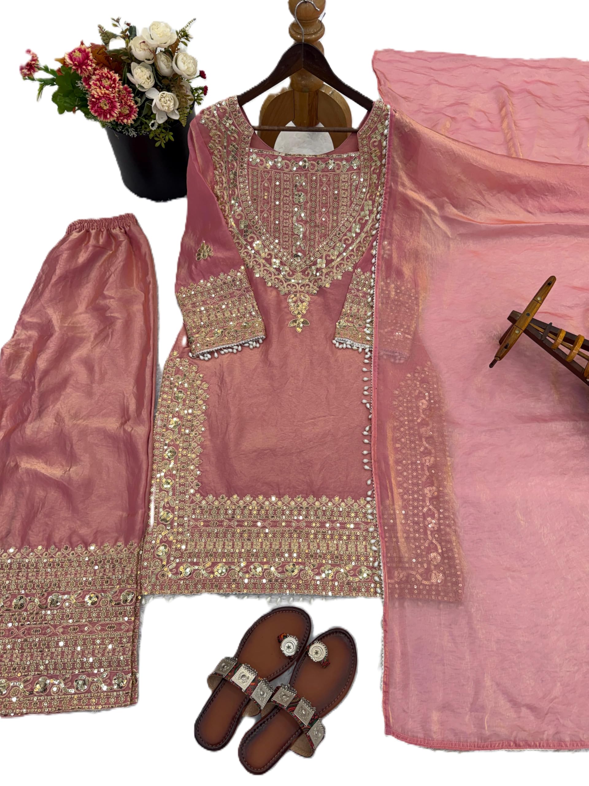 Women’s Fendy Silk Embroidered Kurta Sharara Set with Dupatta | Fully Stitched Ready to Wear Ethnic Wear | Lace Border Sharara Suit for Festive & Party Wear (UK, Alpha, L, Regular, Regular, Pink)