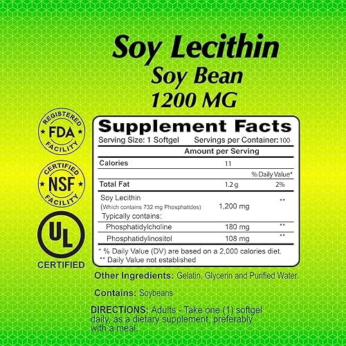 Miniatura 2 de ALFA VITAMINS Lecitina de soja 1200 mg - Frijol de soja natural, promueve la desintoxicación del hígado y apoya la salud cerebral - 100 cápsulas