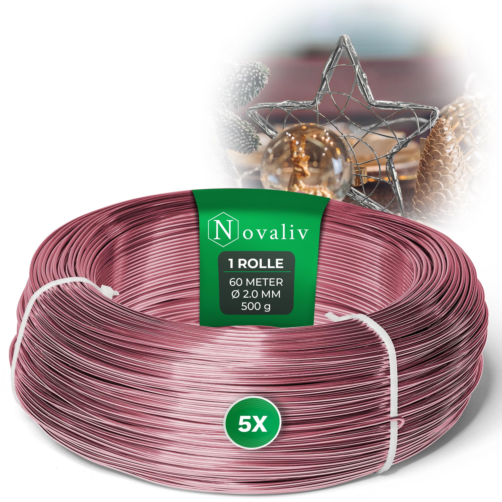 Novaliv Filo di alluminio da 300 metri, 2 mm, rosa, ideale come filo per lavori fai da te, versatile per progetti fai da te e decorazioni, rotolo da 60 m, filo decorativo, filo per fiori, senza filo